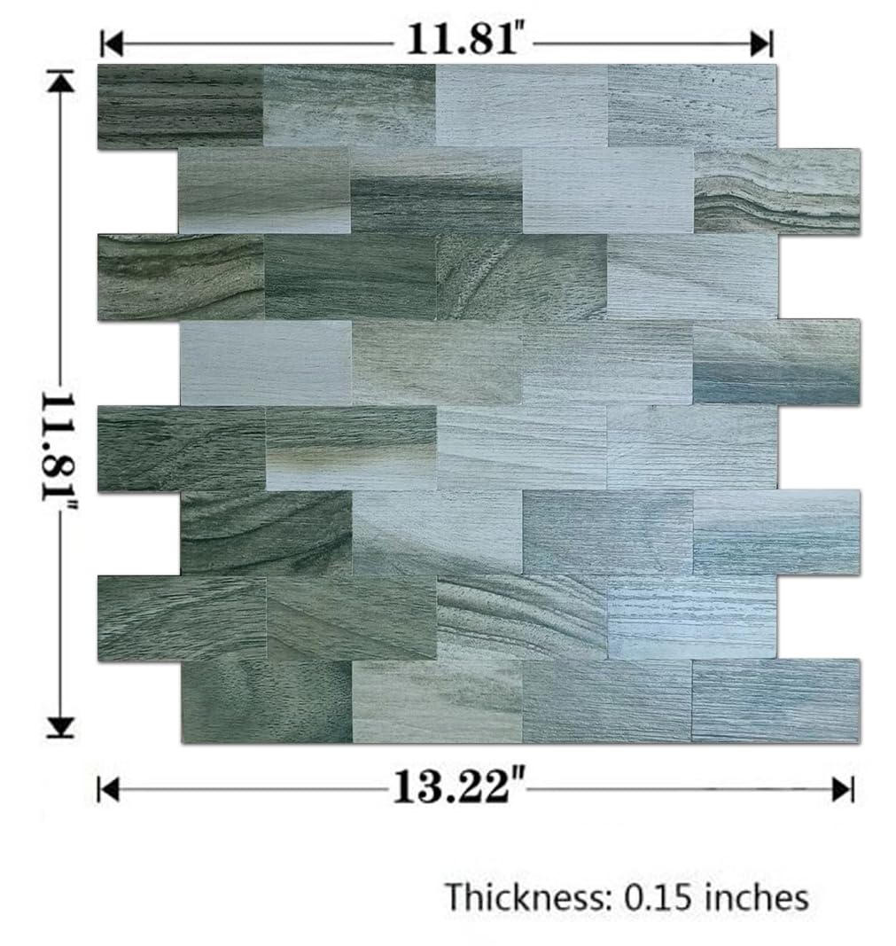 weimeisc 10 Sheets Peel and Stick Backsplash Tile for Kitchen, 3D Wall Panel PVC Mosaic (11.8''x11.8'') (Wooden Light Green)