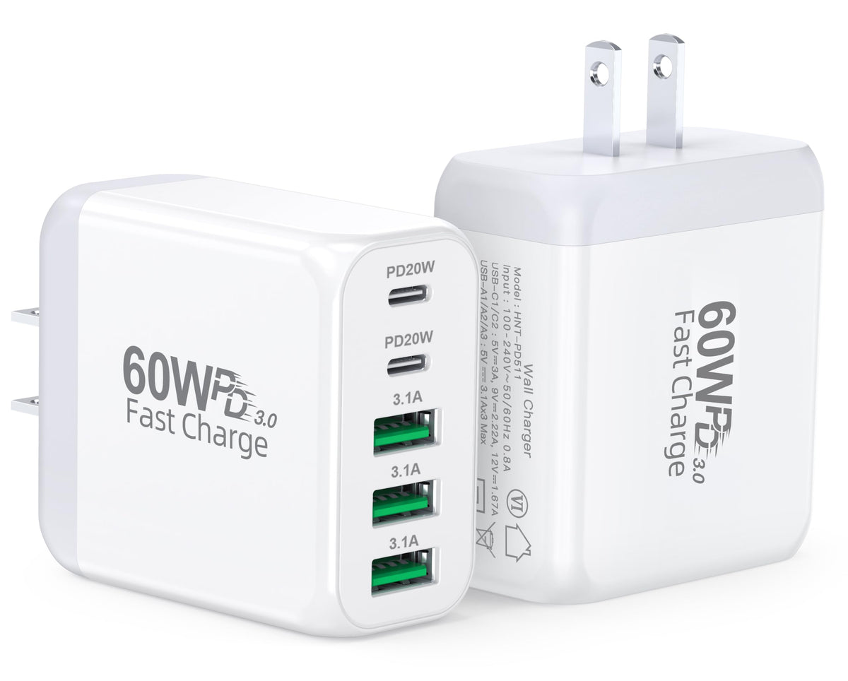 2 Pack 60W 5-Port USB C Wall Charger