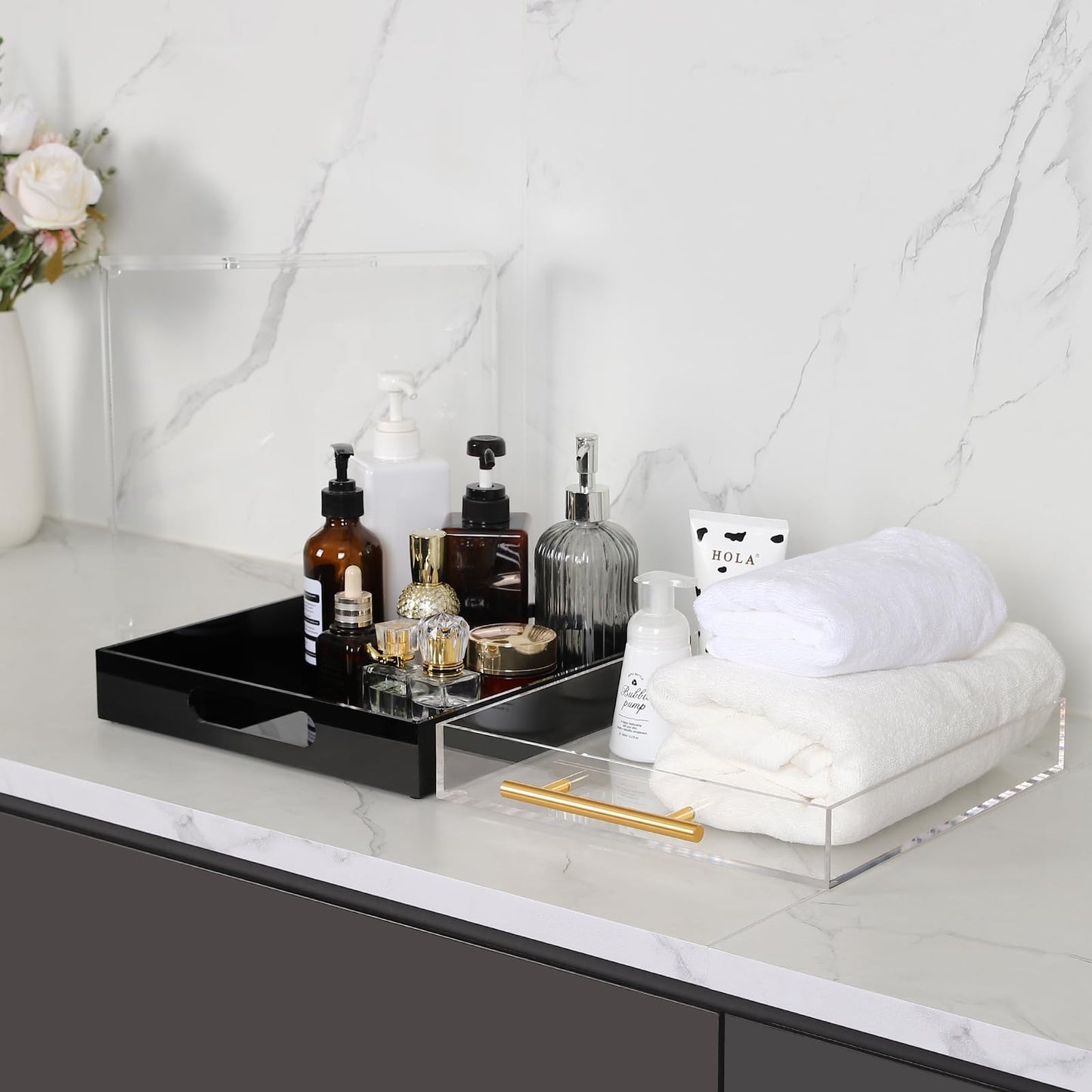 Clear Serving Tray Acrylic Tray Organizer, Ottoman Serving Tray for Coffee Table, Bathroom, Vanity, TV Table, Plastic Plastic for Eating 12 * 12 Inch