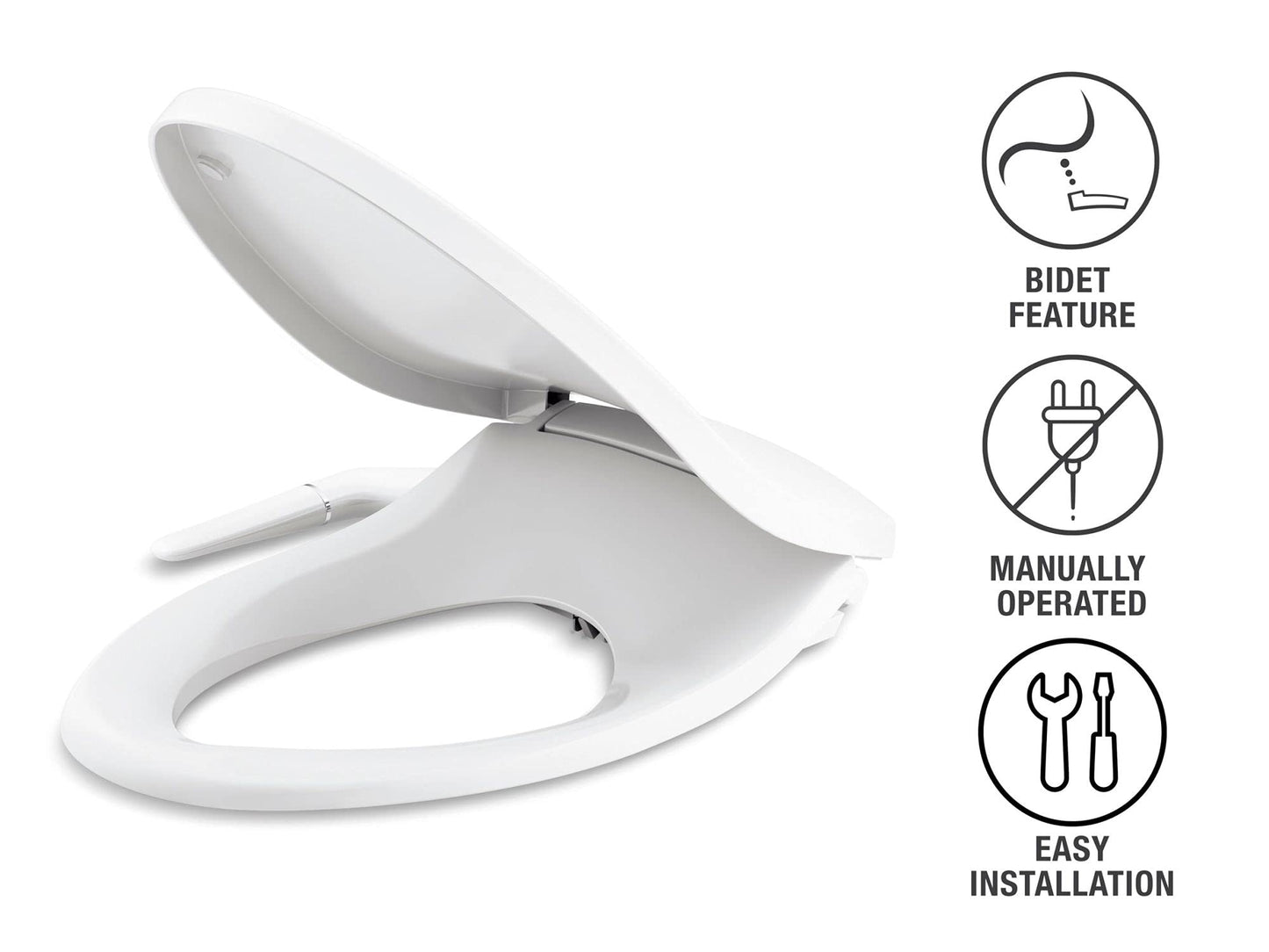 KOHLER 5724-0 PureWash M250 Elongated Bidet Toliet Seat, Manual Non-Electric Bidets for Existing Toilets, Adjustable Bidet Sprayer, White