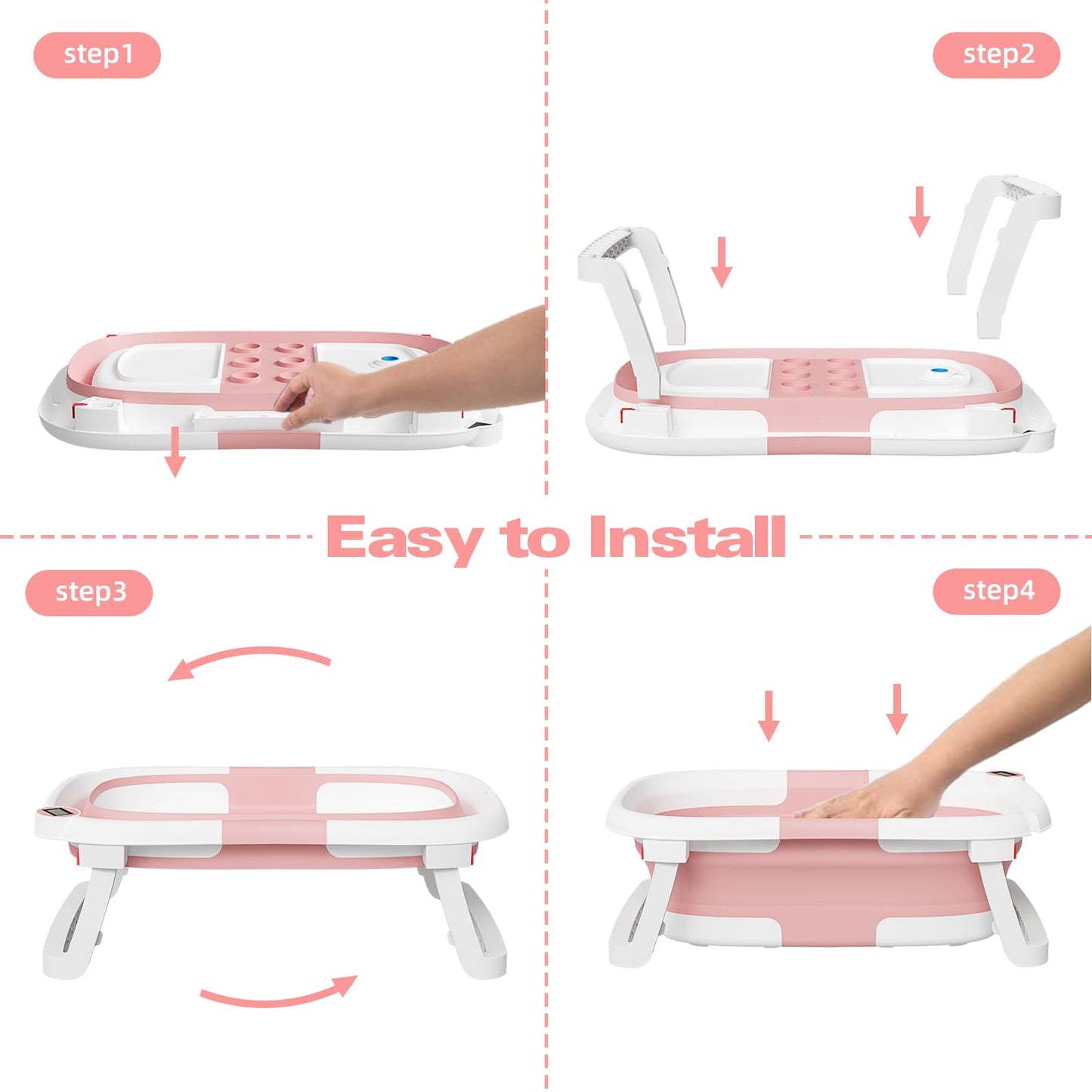 NAPEI Collapsible Baby Bathtub,Baby Bath Tub with Soft Cushion & Thermometer,Baby Bathtub Newborn to Toddler 0-36 Months,Portable Travel Baby Tub,Pink