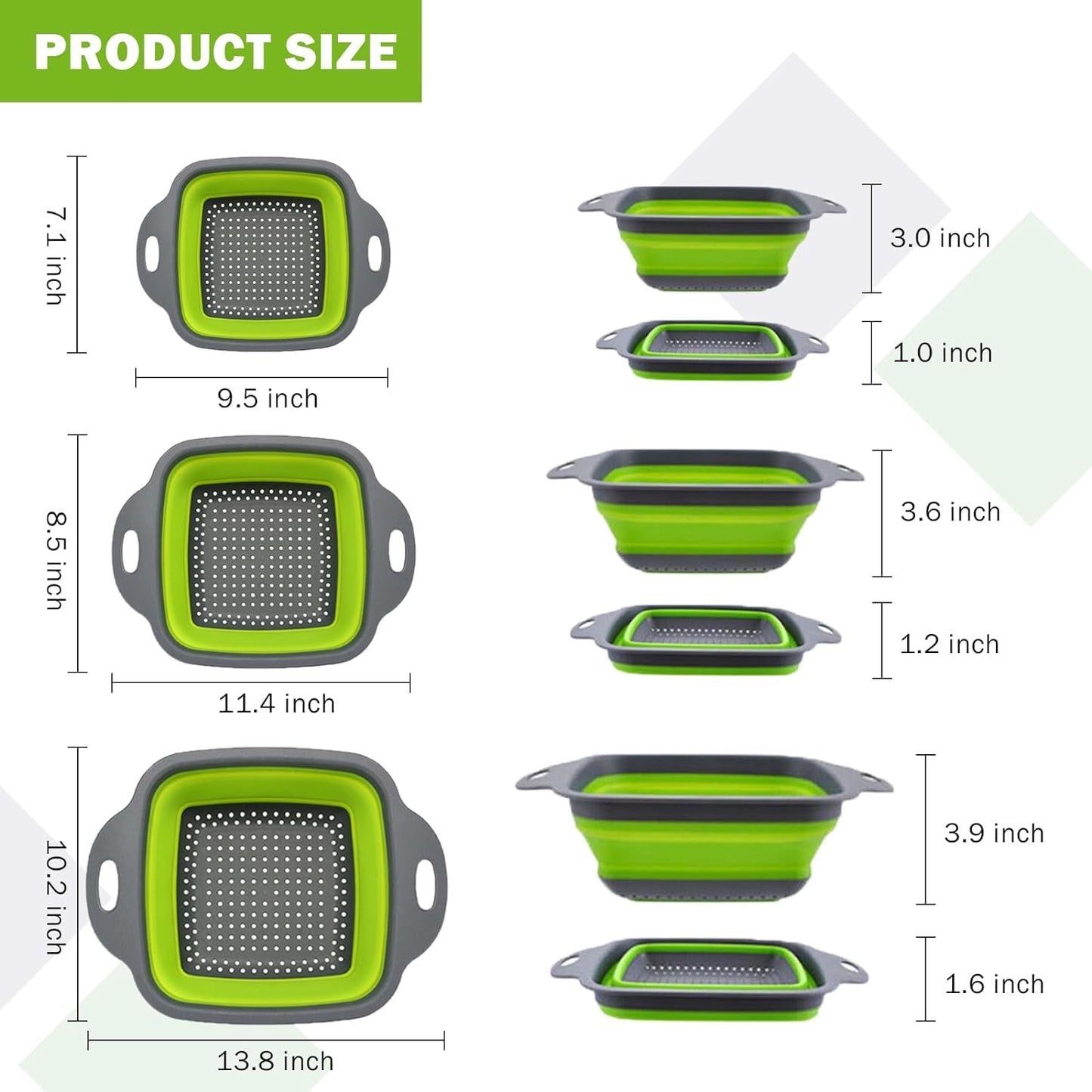 3 Pack Silicone Collapsible Colanders for Easy Storage