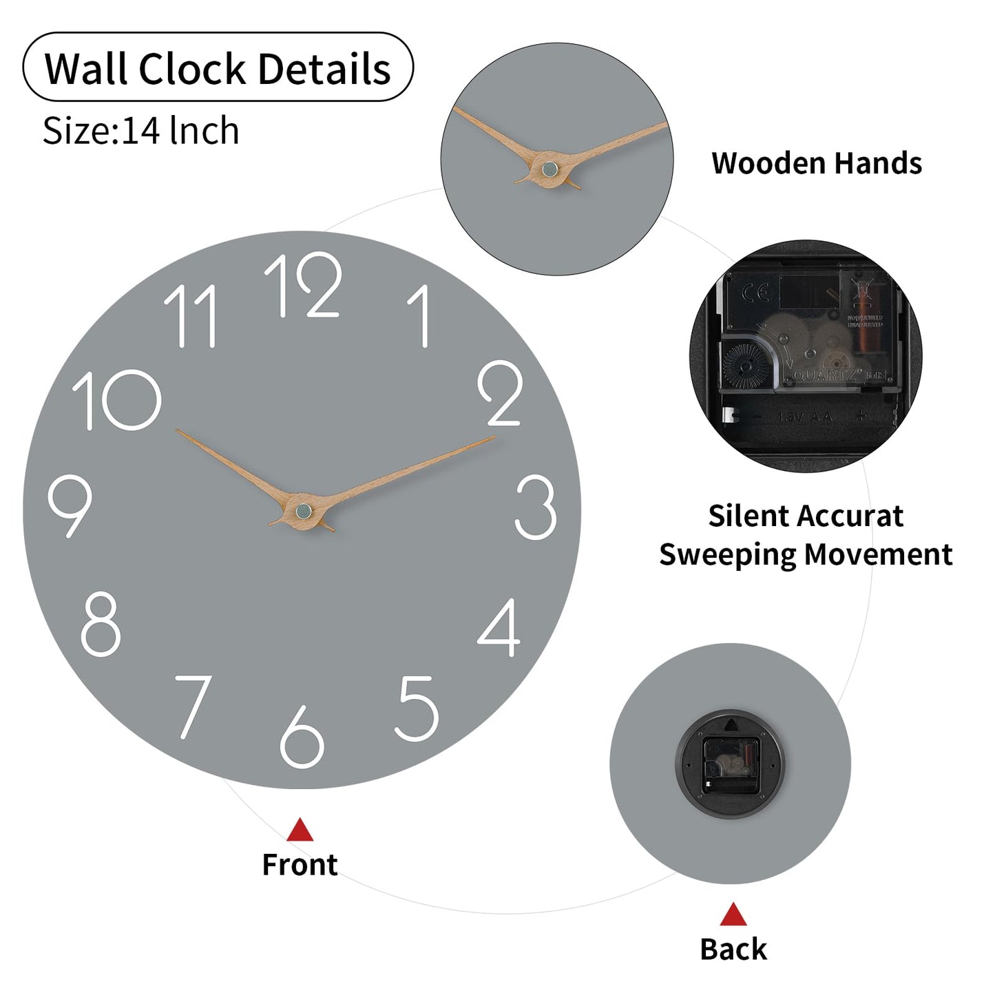 cicininc 14 Inch Wall Clock - Grey Wall Clocks Battery Operated - Silent Non Ticking Wall Clocks Modern - Big Clock for Bedroom Kitchen Bathroom Office Living Room (14" Gray)