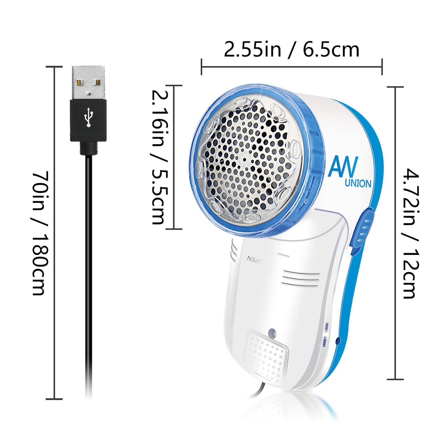 Fabric Shaver Lint Remover, AW union USB Powered Lint Shaver Efficiently Remove Lints from Fabrics, Clothes, Upholstery - 70" Cord - 2 Replacement Blade - Blue