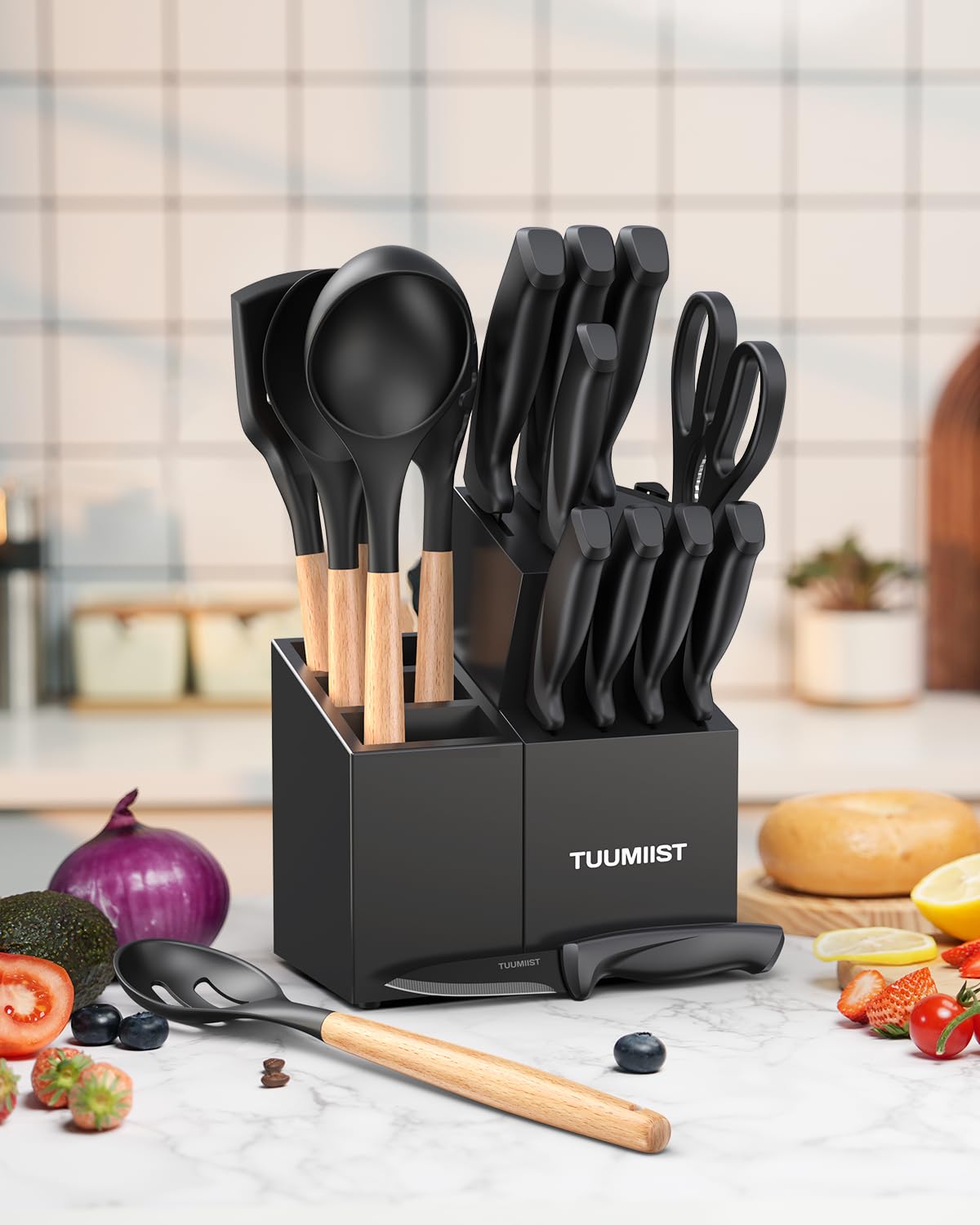 Knife Set, TUUMIIST 18PCS Kitchen Knife Sets with Block and Sharpener, Kitchen Utensils Set, Removable Utensil Holder (Black)-Precision Cutting, Effortless Sharpening, Convenient Organization
