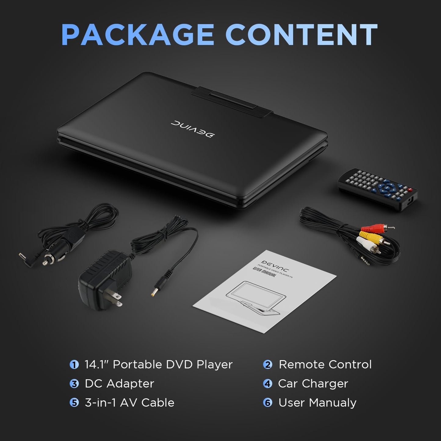 DEVINC 16.9" Portable DVD Player with 14.1" Large HD Screen, Support Multiple DVD CD Formats/USB/SD Card, 6 Hours Rechargeable Battery, Sync TV, Dual Speakers, Car DVD Player, Regions Free