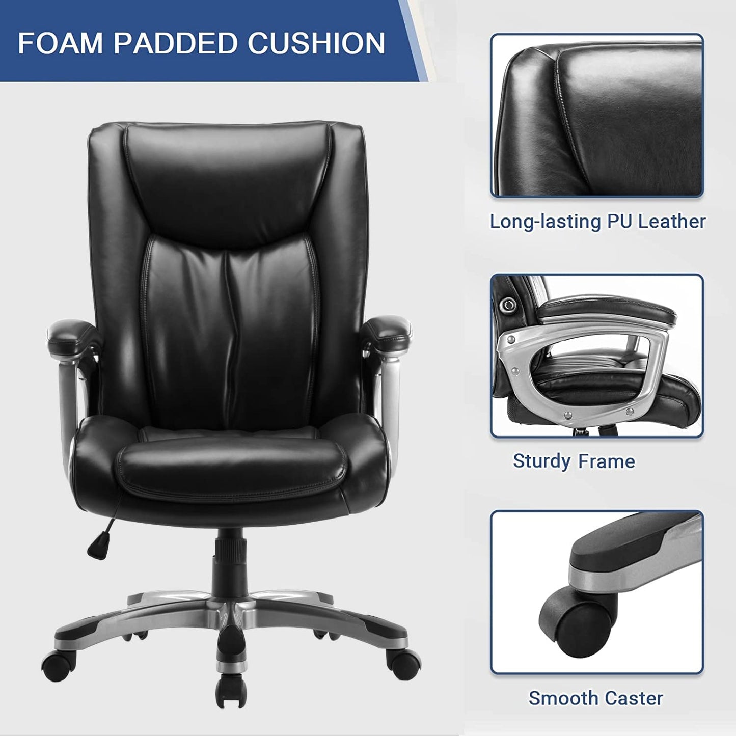 Home Office Chair Executive High Back Ergonomic Desk Chair Height Adjustable Managerial Rolling Swivel Chair with Adjustable Lumbar Support, Faux Leather, Black