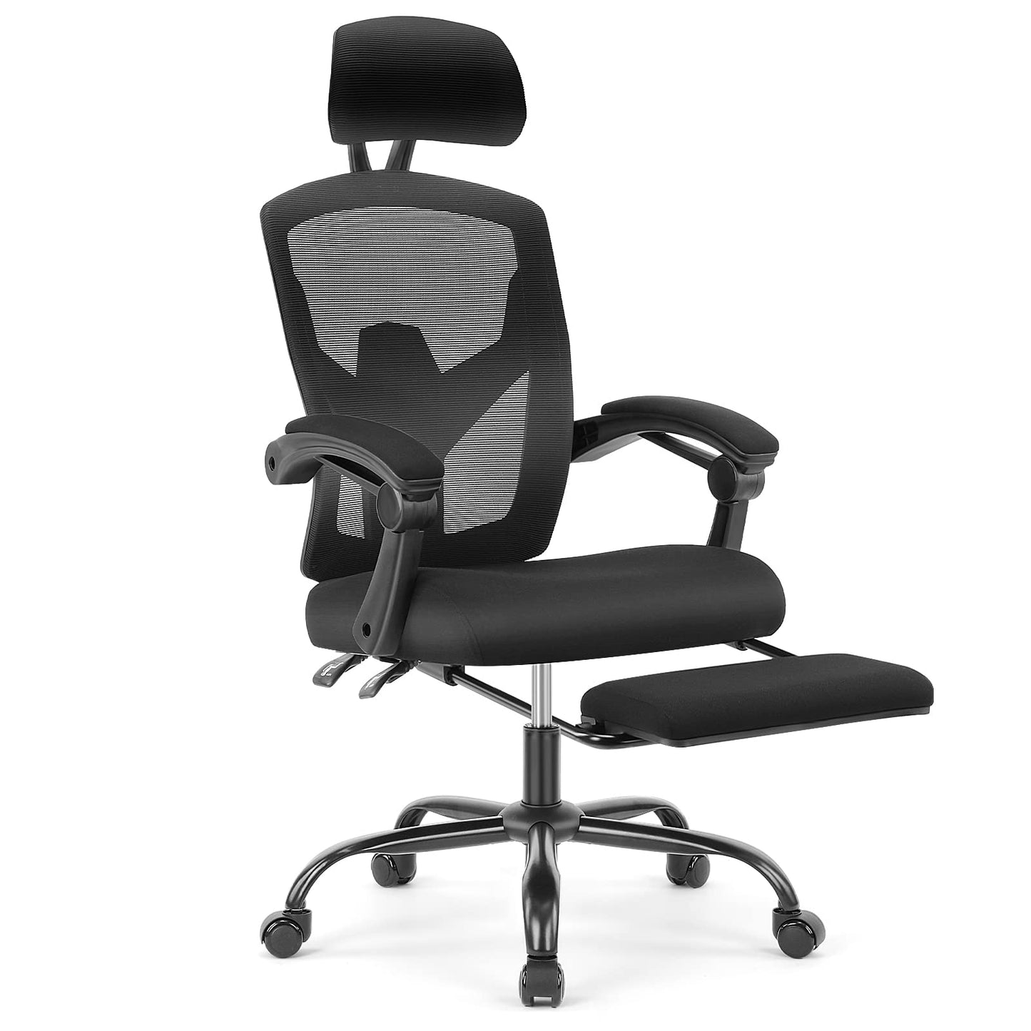 AFO Ergonomic Office Chair, High Back Office Chair with Lumbar Pillow & Retractable Footrest, Mesh Office Chair with Padded Armrests and Adjustable Headrest, Height Adjustable, Dark Black (WY-9053-BK)