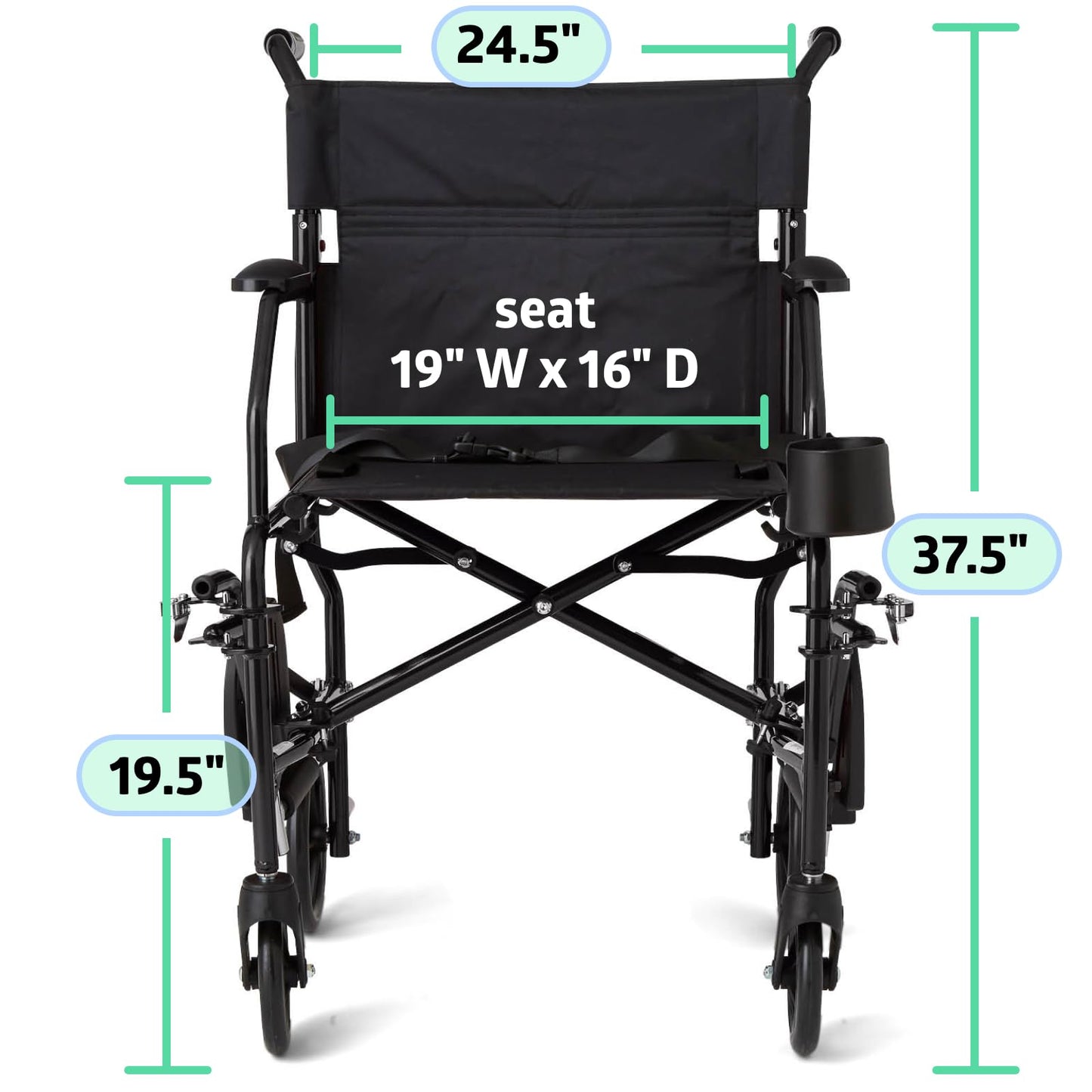 Medline Ultra Lightweight Transport Wheelchair for Adults, Foldable, 19-Inch Seat Width, Black Frame, Black Upholstery
