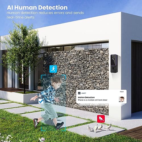 BITEPASS Doorbell Camera Wireless, Smart Video Cam with Chime, AI Human Detection, Two Way Audio, HD Live View, Night Vision, 2.4G WiFi Only, Cloud Storage, Indoor Outdoor Surveillance