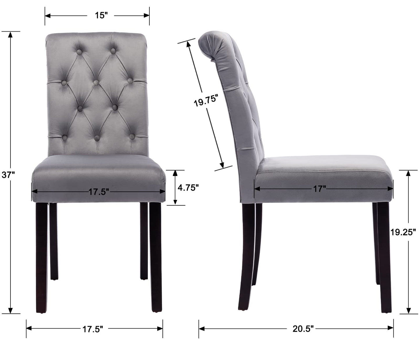 chairus Dining Chairs Set of 2 Mid Century Modern Living Room Chairs with Button Tufted High Back Velvet Armless Chair Comfy Upholstered Side Chairs for Kitchen/Restaurant/Bedroom, Grey