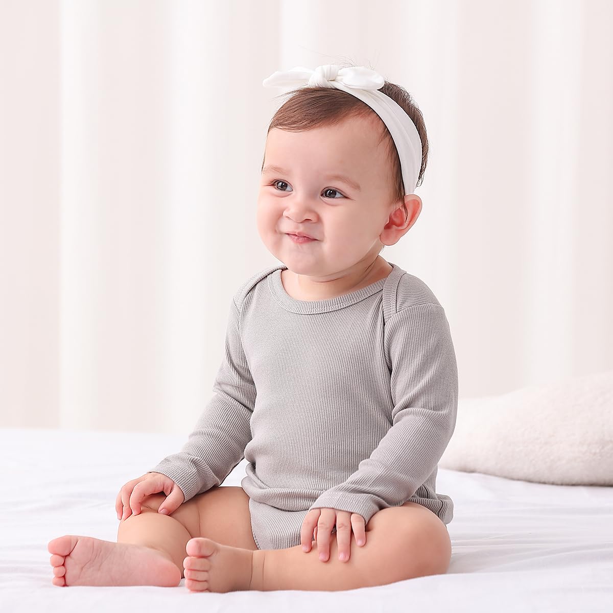 Ribbed Long Sleeve Baby Bodysuit Romper, Grey