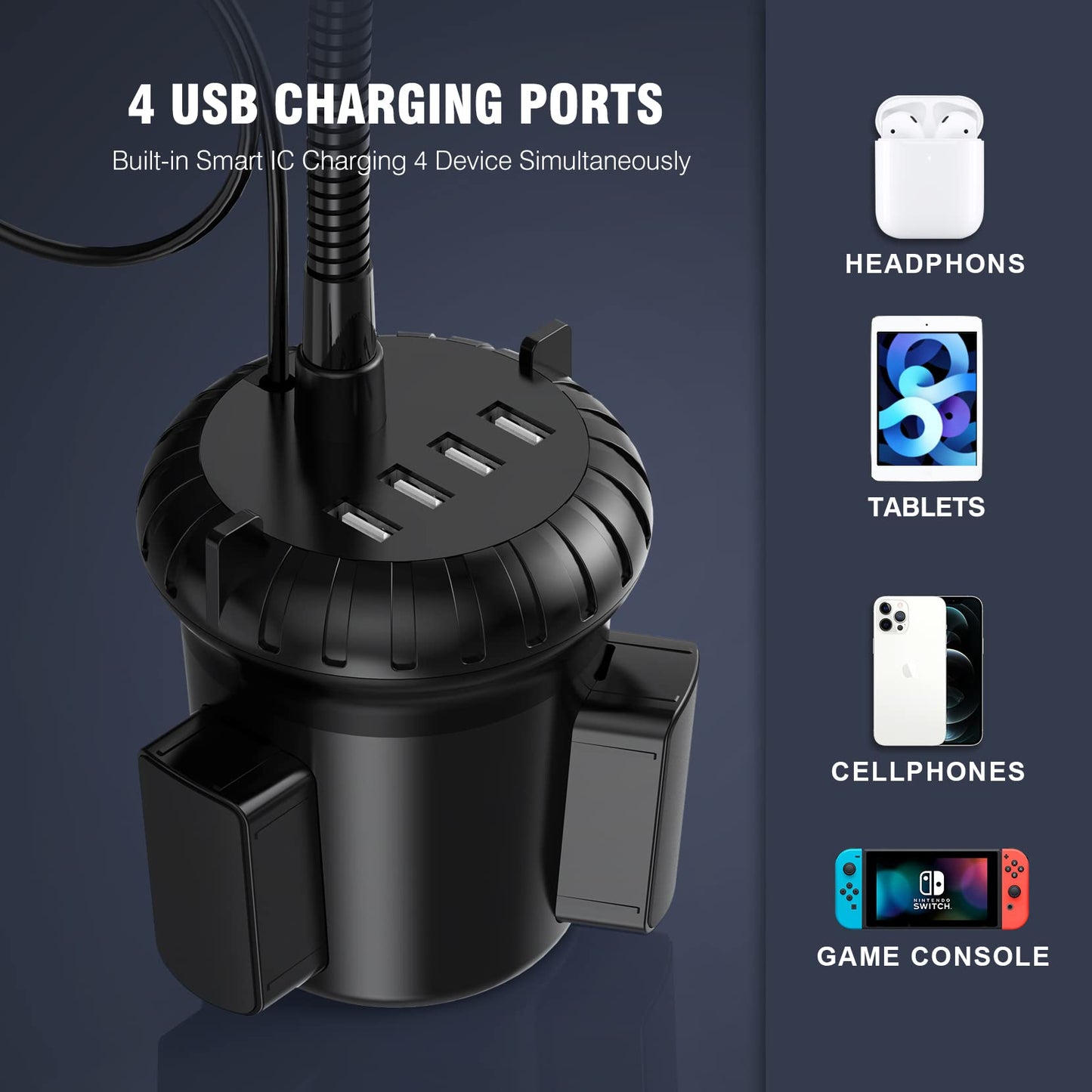4-Port USB Car Charger with Phone Mount