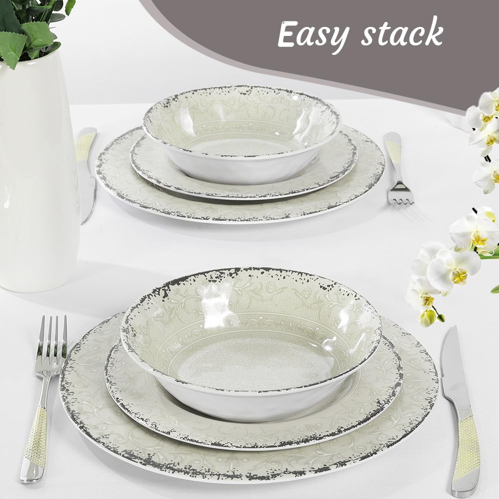 Melamine Dinnerware Sets,12Pcs Kitchen Plates And Bowls Sets, Dish Set For 4, Indoor And Outdoor Use,Dishwasher Safe, Break-Resistant, Classical Flower