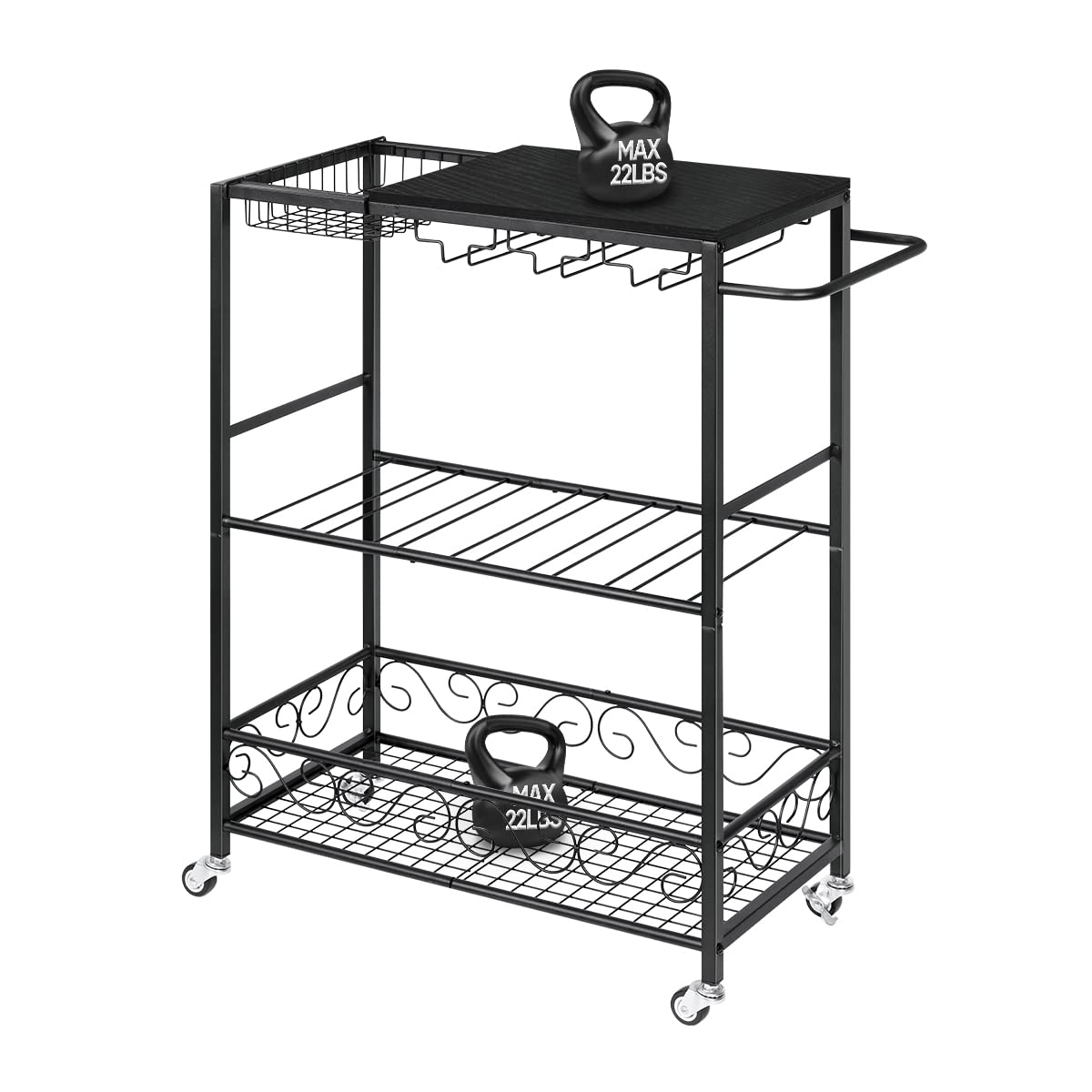 melos Bar Cart, Home Bar Serving Cart, Rolling Wine Cart with 3-Tier Shelf, Beverage Bar Cart with Wine Rack, Bar Cart with Wheels for Kitchen, Black