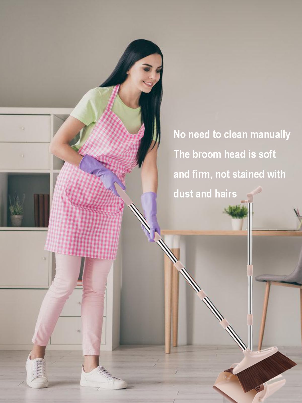 Xifando Broom and Dustpan Set, Stand Upright Windproof Dustpan, Long Handle Broom and Dustpan with Teeth for Home Kitchen Room Office Lobby Floor Cleaning (Khaki)