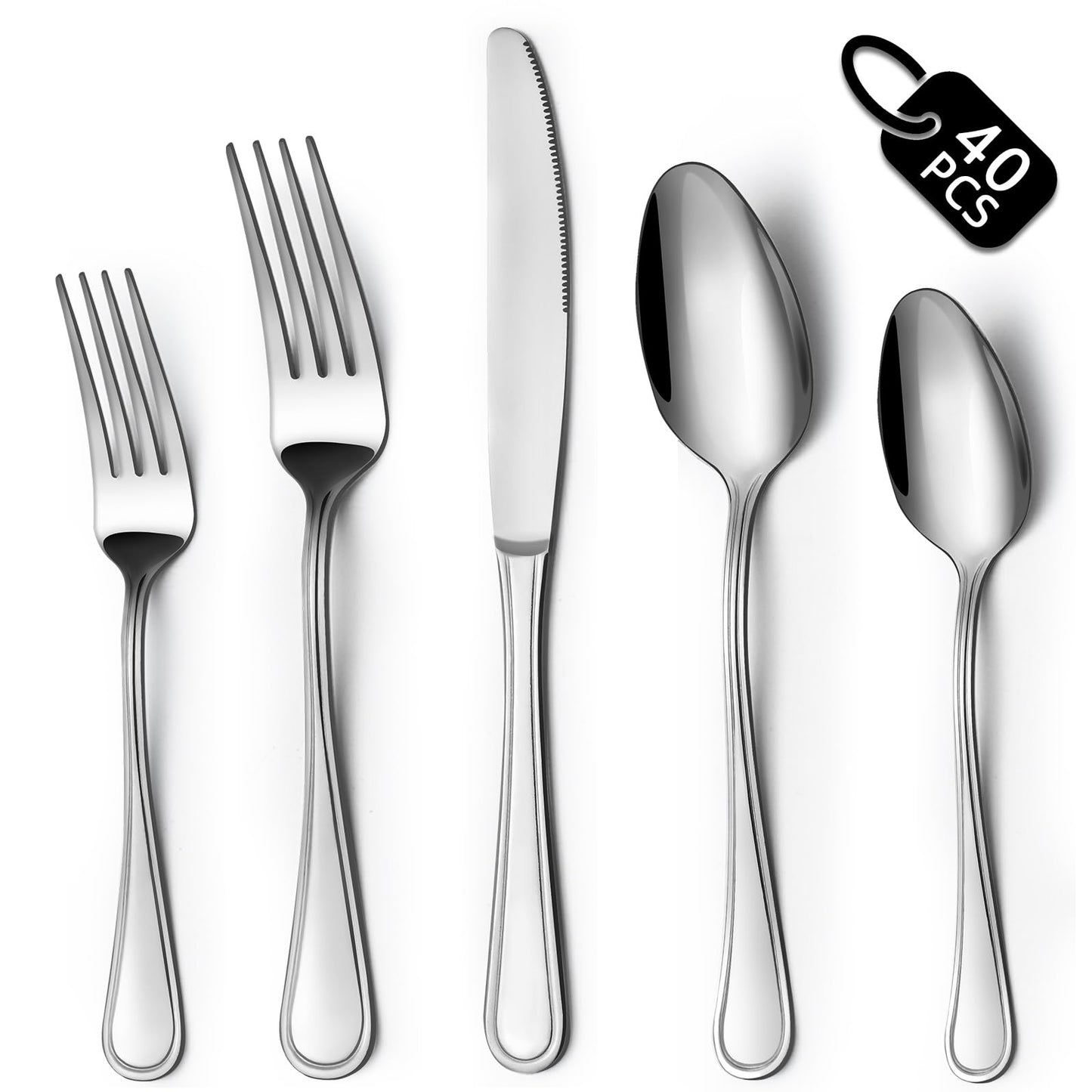 BEWOS 40-Piece Silverware Set, Stainless Steel Silverware Sets for 8, Forks Spoons and Knives Set, Cutlery Set, Mirror Polished Flatware Set, Dishwasher Safe Kitchen Utensils Set for Home, Restaurant