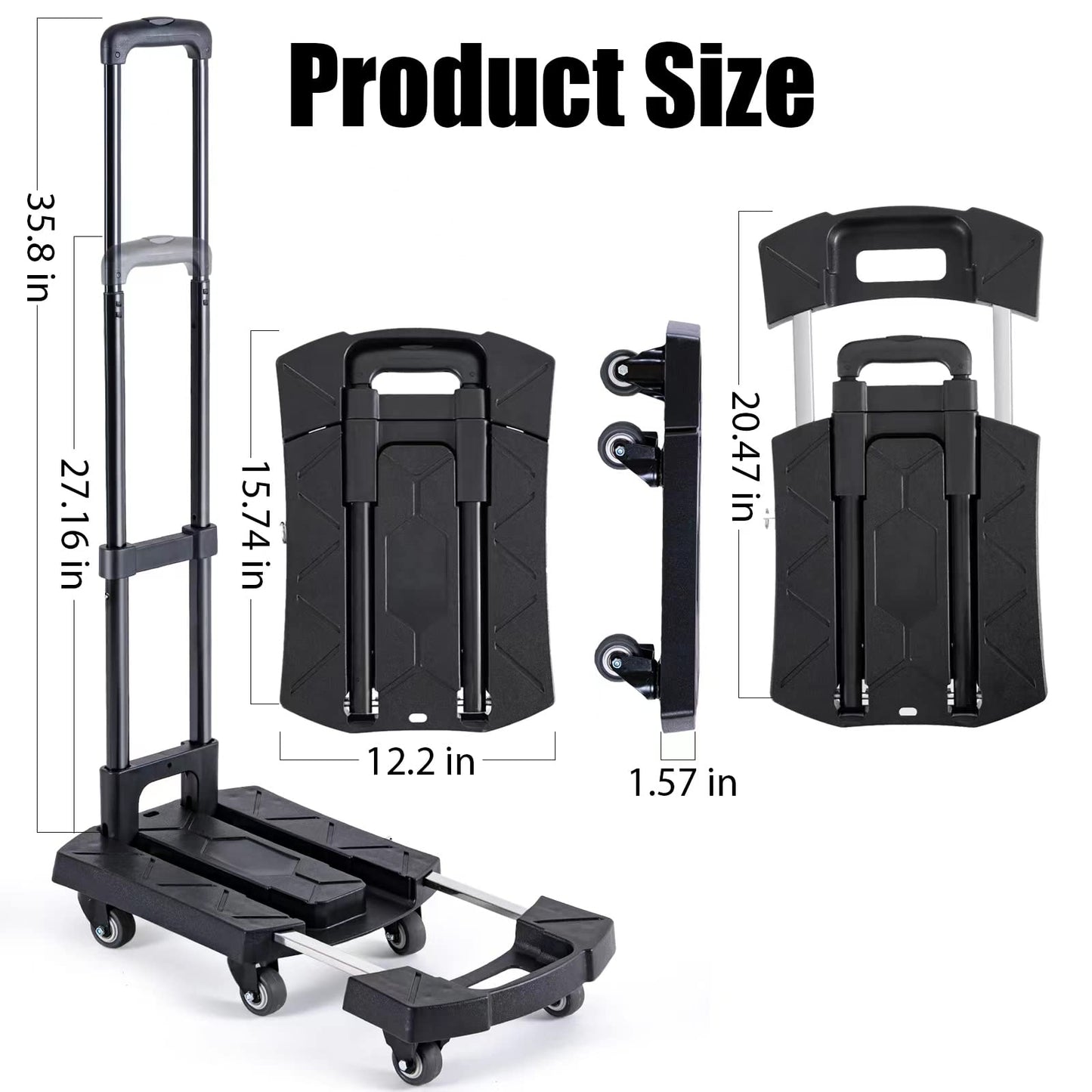 Folding Hand Truck Portable Dolly Cart Max 350 lbs Aluminum Foldable Dolly Cart Luggage Trolley Cart, 6 Wheels Push Cart Dolly for Moving, Small Platform Hand Cart with 2 Ropes Black
