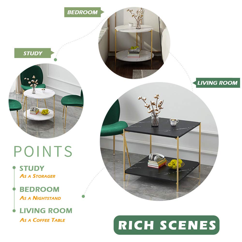IOTXY Home Square Coffee Table - 15.7" Small 2-Tier End Table with Open Storage Shelf, White Wooden Table Top Gold Metal Frame Side Table