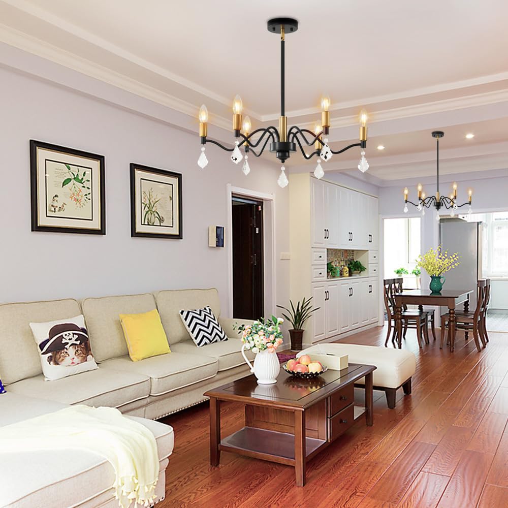 6-Light Black and Gold Chandelier with Crystal Decoration - Perfect for Farmhouse and Dining Room Lighting Fixtures
