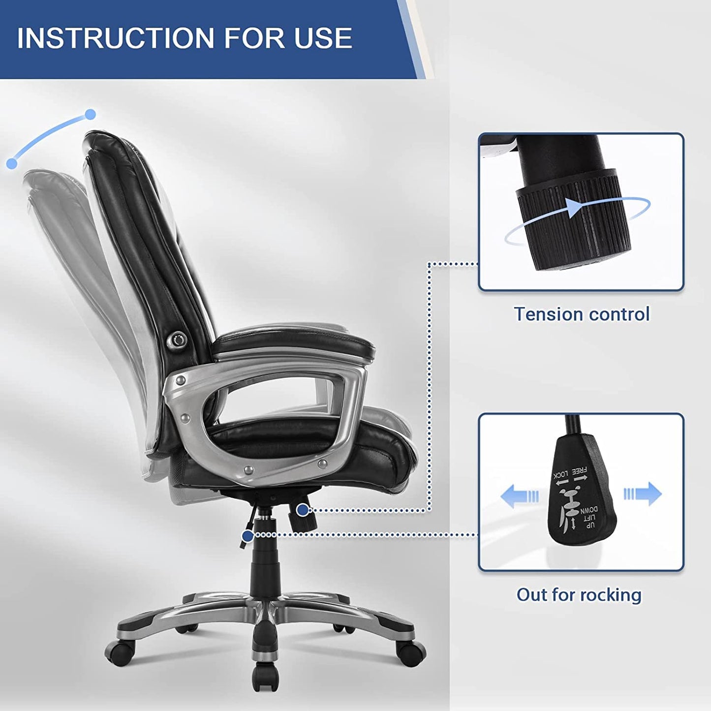 Home Office Chair Executive High Back Ergonomic Desk Chair Height Adjustable Managerial Rolling Swivel Chair with Adjustable Lumbar Support, Faux Leather, Black