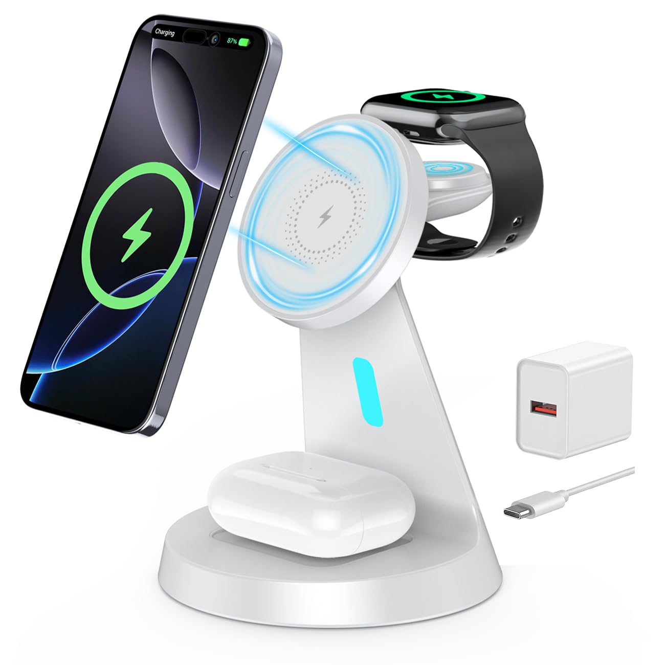 3 in 1 Charging Station Compatible with Magsafe Charger Wireless Charging Station for iPhone 17 16 15 14 13 12 Series Wireless Charger Stand for AirPods Wireless Charging Stand for iWatch Series