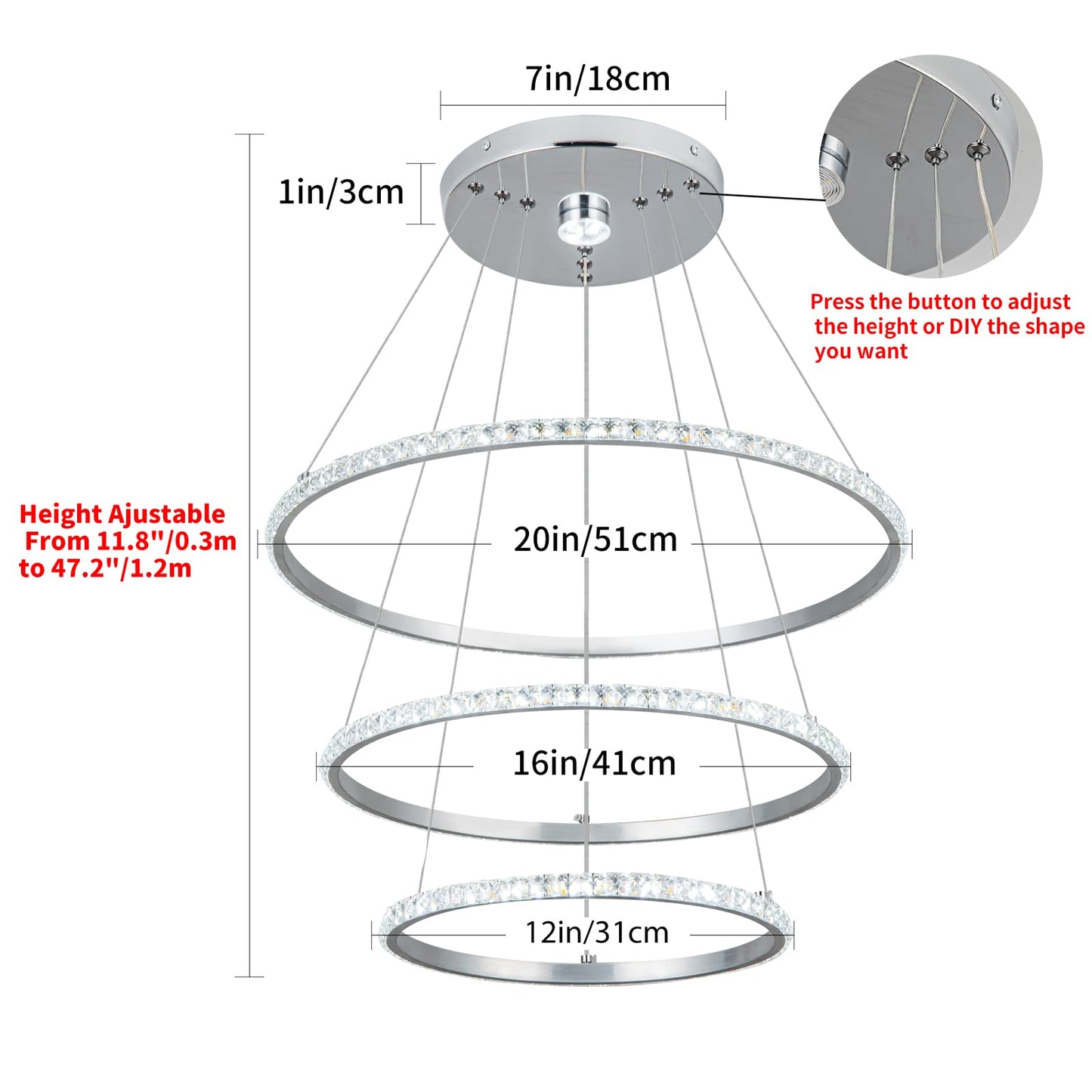 YONGYIPE LED Chandeliers Modern 3 Ring Chandelier Crystal Light Fixture Adjustable Pendant Lighting for Living Room Bedroom Dining Room (Cool White)