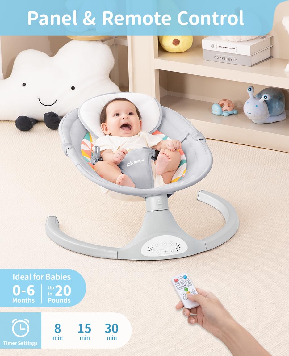LAREX Baby Swing for Infants, Electric Baby Swings for Newborns Portable Babies Swing with 5 Speeds, Bluetooth Music, Remote Control, Grey