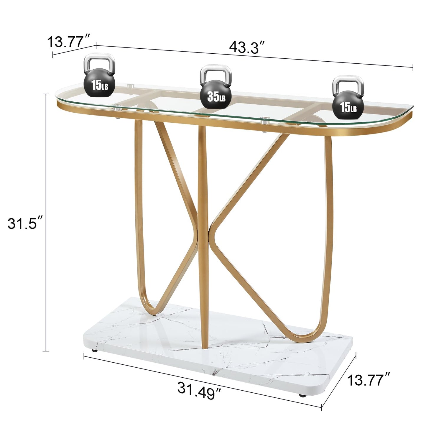 HOMISSUE Console Table, Modern Console Table with Tempered Glass Top and Metal Frame, Glass Entryway Table with Marbled MDF Base, Console Table for Entryway, Hallway, Living Room (Gold&Clear Glass)