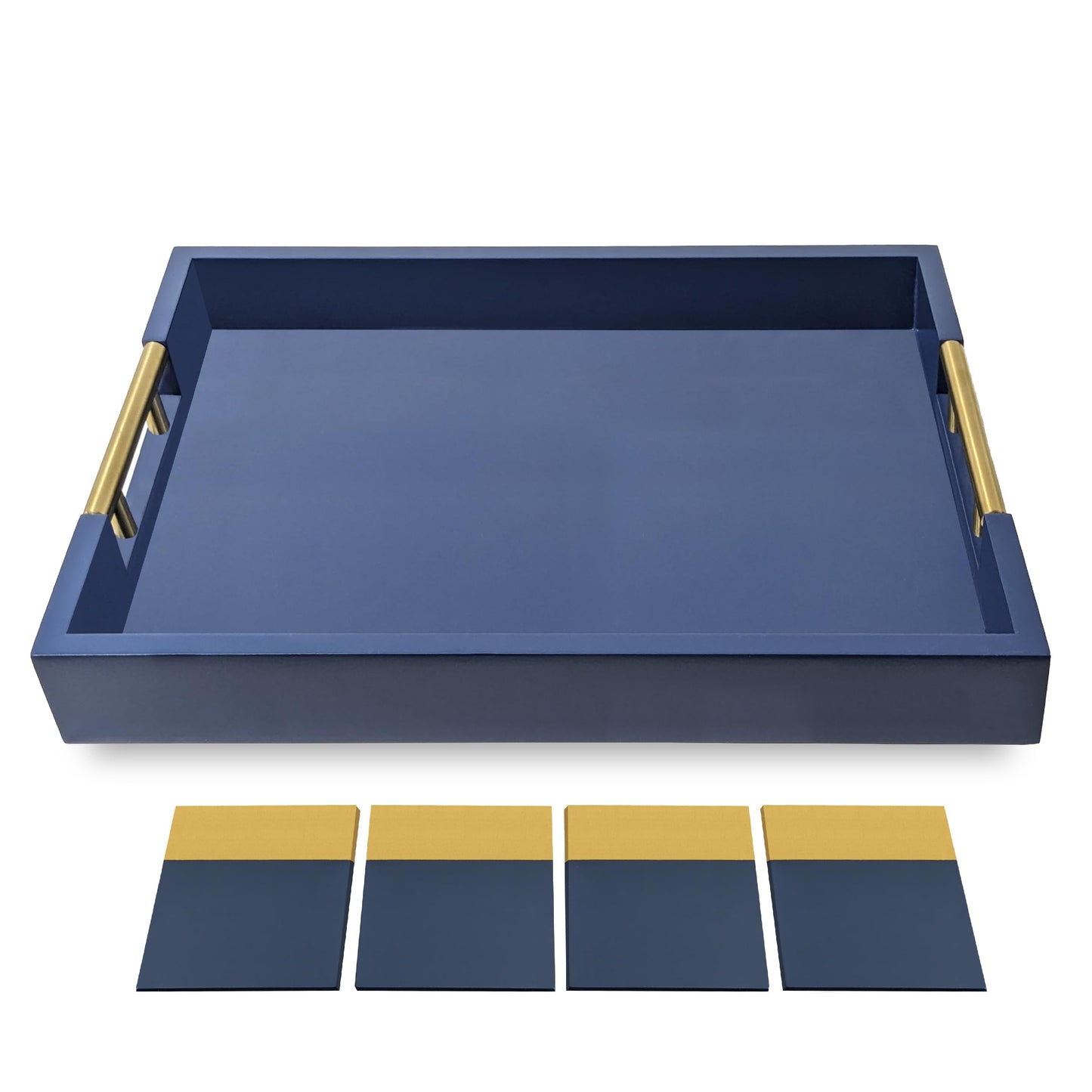Decorative Rectangle Navy Blue Serving Tray with Handles includes 4 Matching Coasters, Ottoman Tray - Tea and Coffee Table, Modern Wooden Tray for Living Room