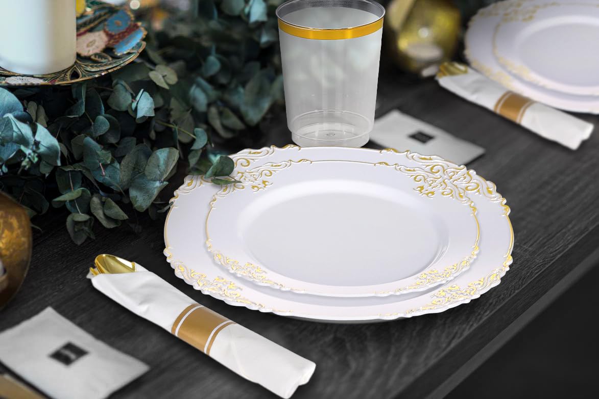 50 Gold Wrapped Plastic Cutlery Set with Napkin - By Zulzzy- Individually Pre Rolled Gold Silverware Disposable Ideal for Parties, Weddings, 50 Forks, Spoons & Knives with White Napkins