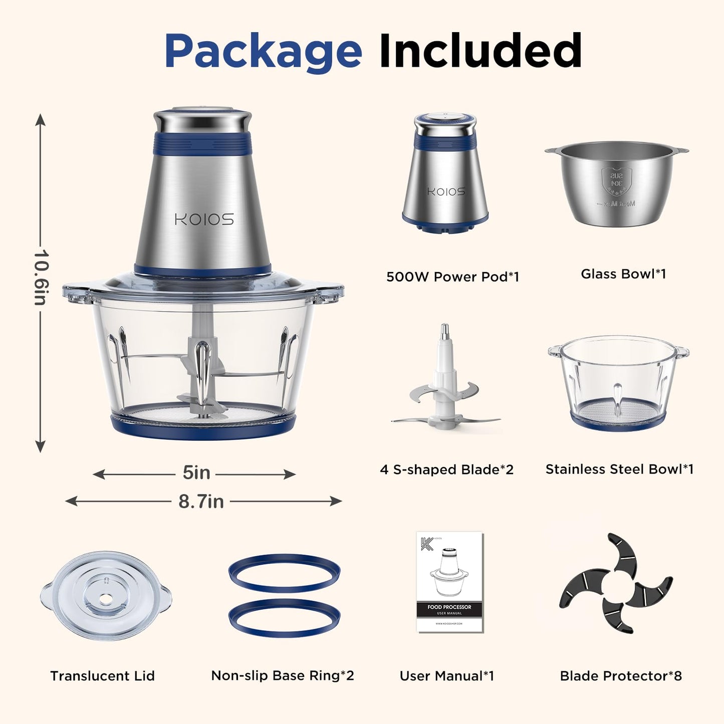 KOIOS 500W Electric Food Processor with 2 Bowls