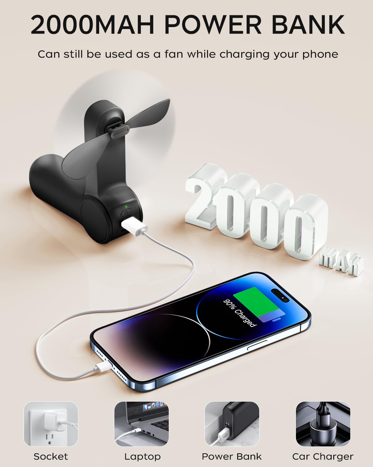 Portable USB Handheld Fan with Power Bank