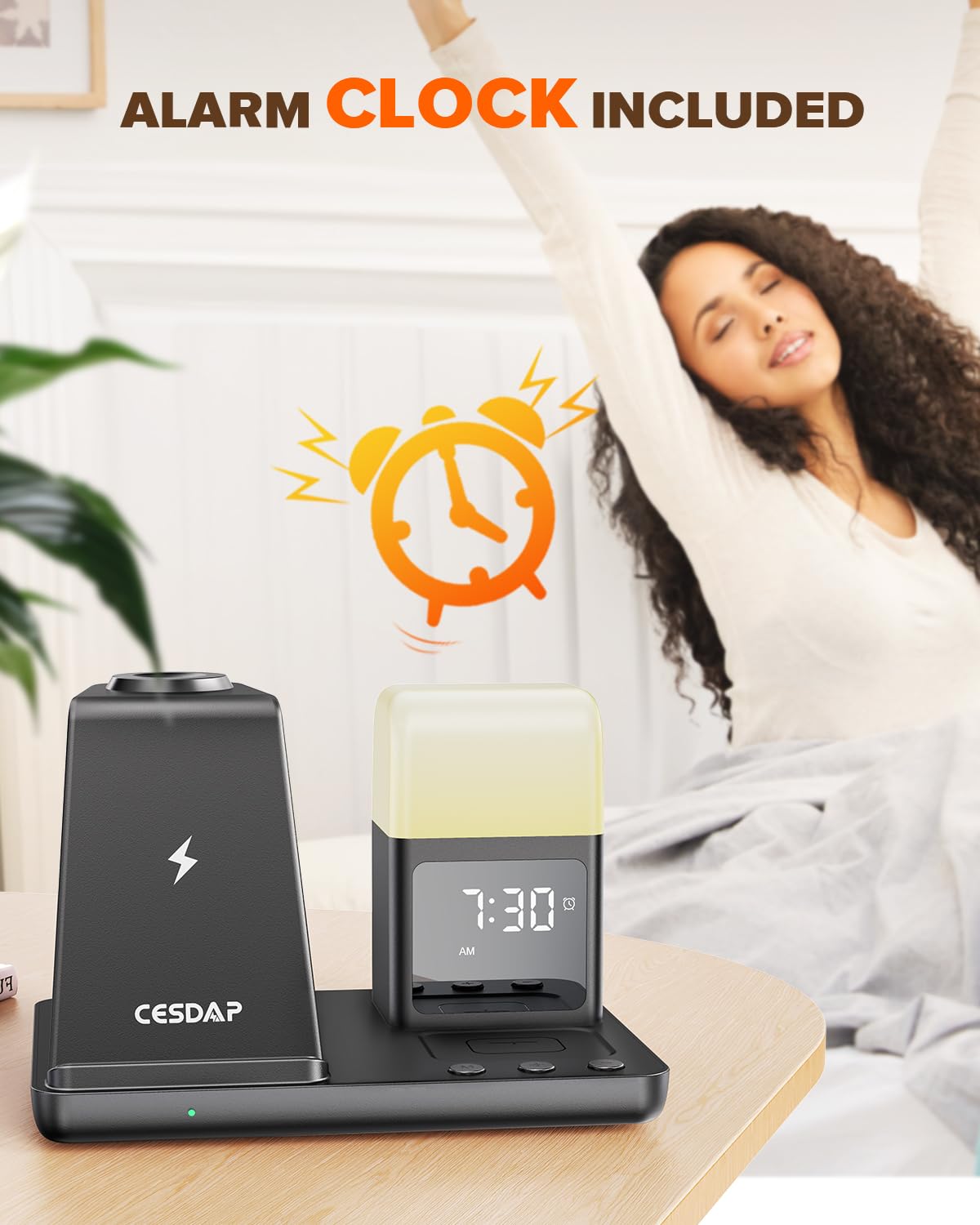 Wireless Charging Station with Alarm Clock & Light