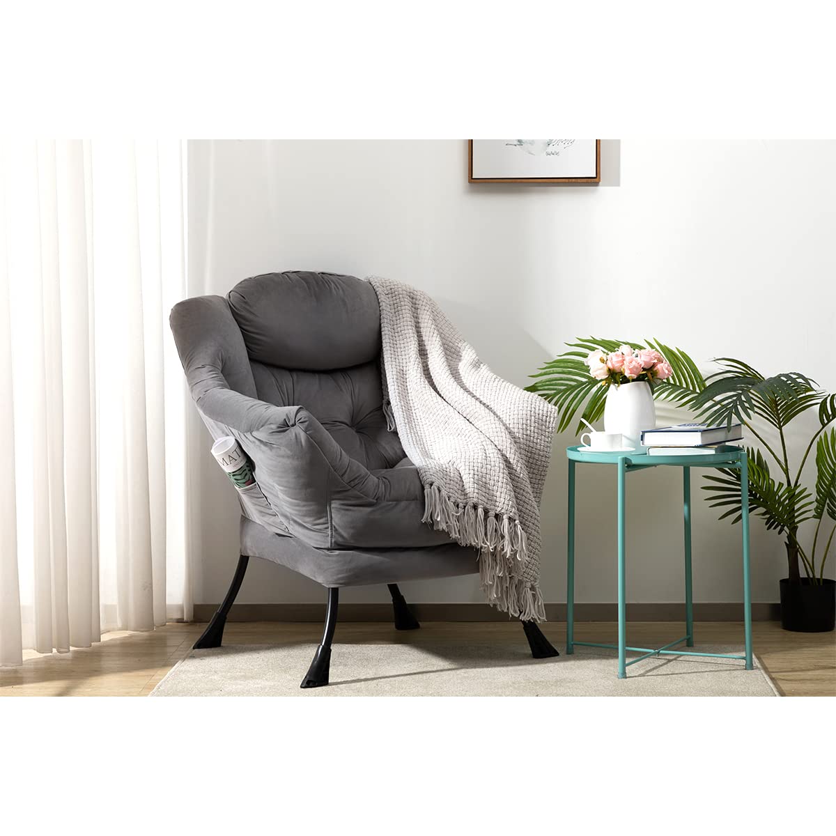 HollyHOME Modern Fabric Large Lazy Chair, Accent Oversized Comfy Reading Chair, Thick Padded Cozy Lounge Chair with Armrest, Steel Frame Leisure Sofa Chair for Living Room, Bedroom, Dorm, Smoky Grey