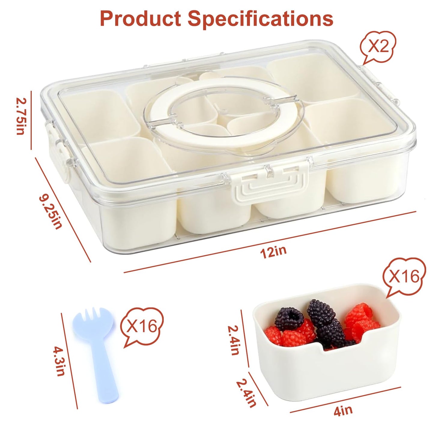 Divided Serving Tray with Lid and Handle, Portable Snackle Box Charcuterie Container with 16 Compartments & 16 Forks, Snack Container for Party, Fruit, Nuts, Candy, Entertaining, Picnic, 2 Pack