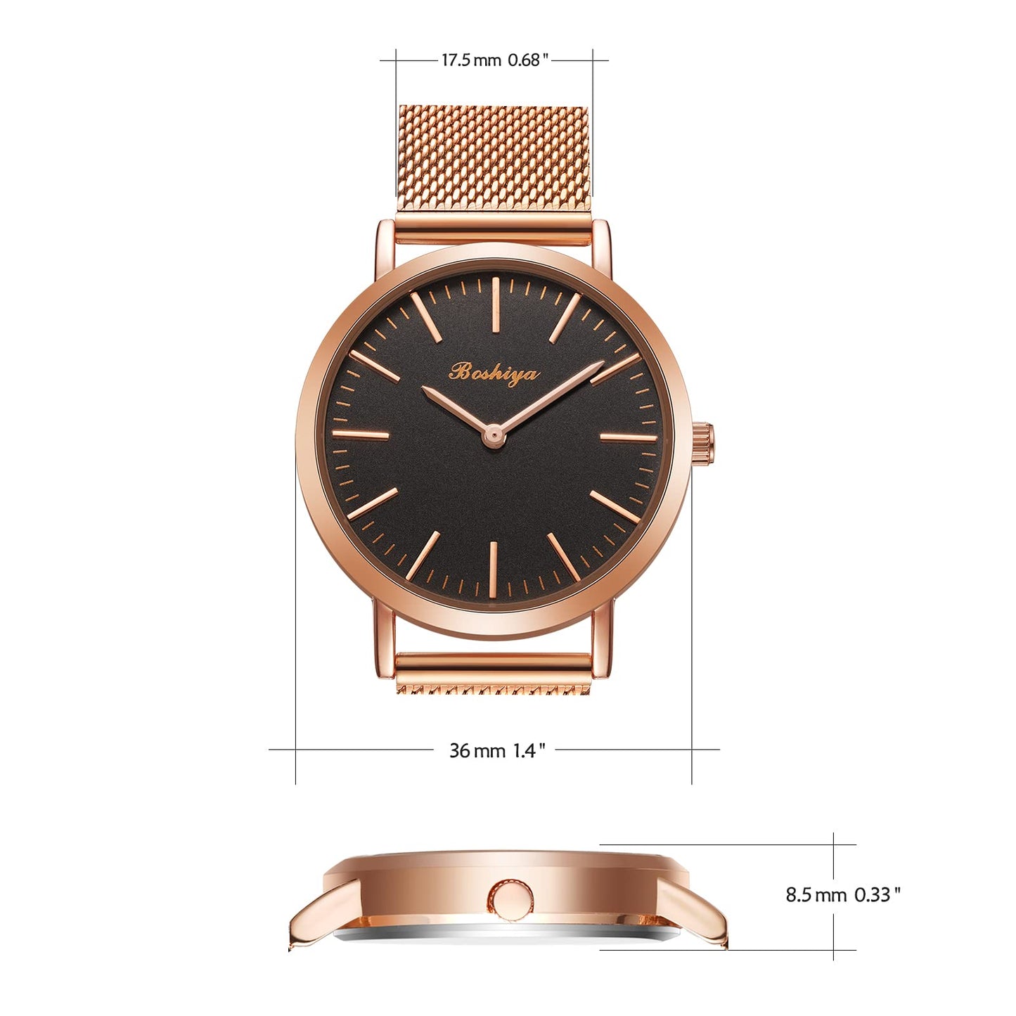 BOSHIYA Womens Stainless Steel Band Watch,Rose Gold Mesh Strap Elegant Dress Designer,Mesh Bracelet Ladies Wrist Watches Waterproof with Roman Timescale Dial