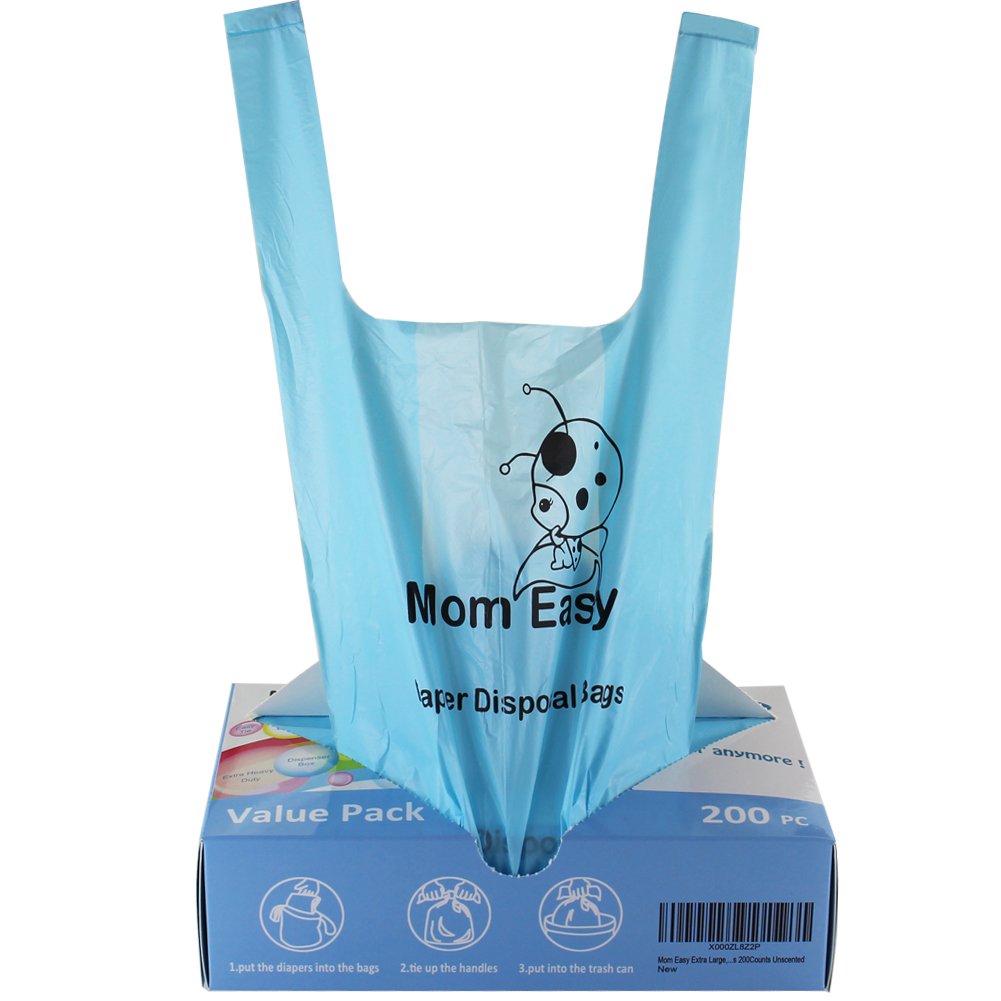 MOM EASY 600 Count Disposable Diaper Bags, 8 x 15 Inch, Unscented, Double Seamed, With Tie Handles, For Baby Waste