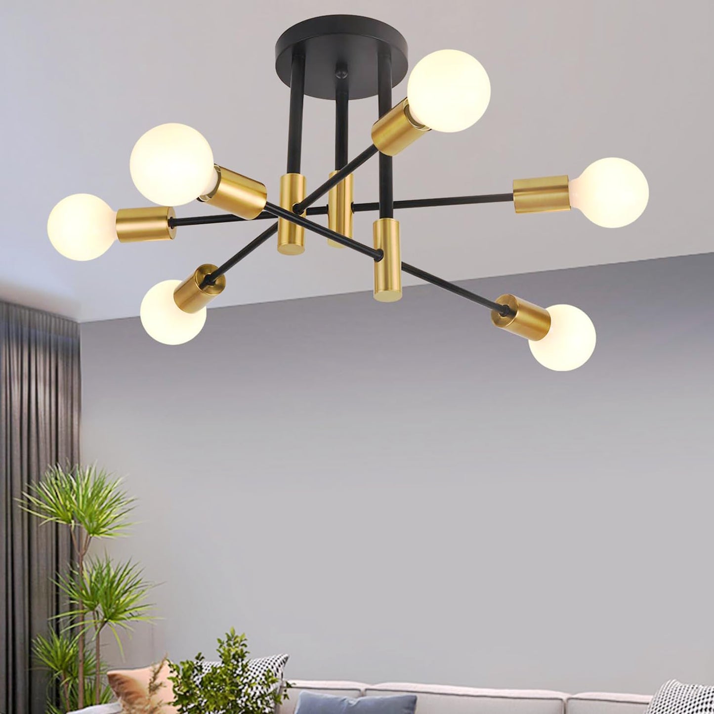 Sunwish Modern Sputnik Chandelier, 6-Light Mid Century Black Gold Chandeliers Ceiling Light Fixture, Sputnik Light Fixture for Dining Room Living Bedroom Kitchen, E26 Base(Bulbs Not Included)