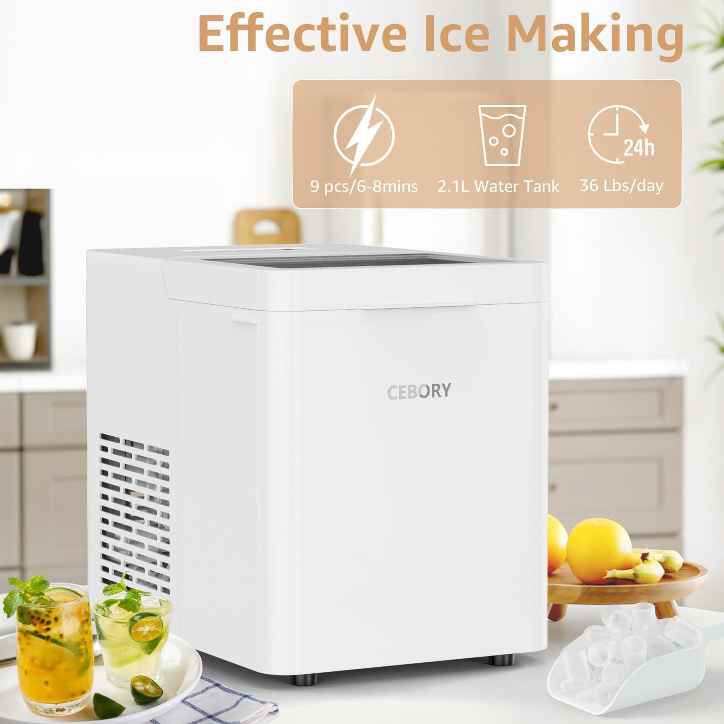 CEBORY Countertop Ice Maker, 9Pcs/6Mins, 36Lbs/24Hrs, Self-Cleaning Ice Machine with 2 Ice Scoop and Basket, One-Click Operation 2 Sizes of Bullet Ice, Portable Ice Maker for Home/Kitchen/Office/Bar