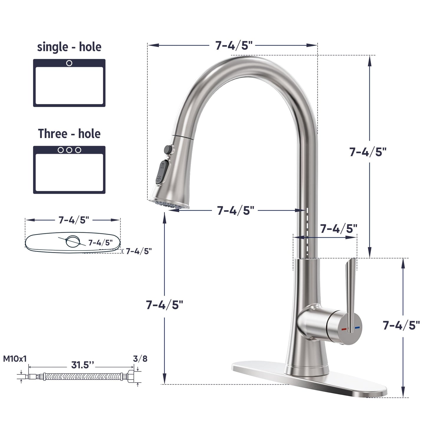 ARRISEA Pull Down ktichen Faucet, Stainless Steel, RV Faucets, Kitchen Sink Faucet with 10'' Deck Plate,Brushed Nickel Single Handle Laundry Sink Faucet with Three Modes Sprayer, Farmhouse Tap
