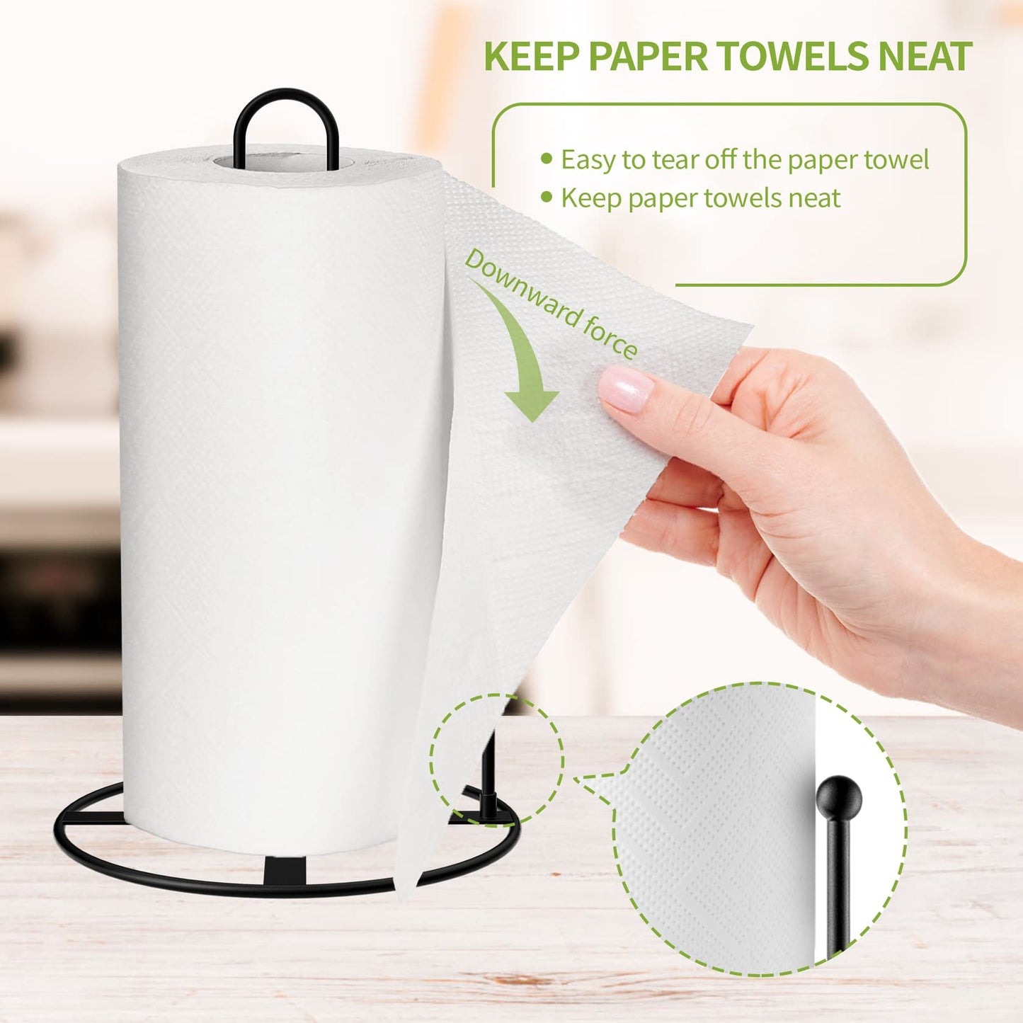 Paper Towel Holder Countertop, Black Paper Towel Holder - Kitchen Roll Holder for Standard and Large Size Rolls (Deep Black)