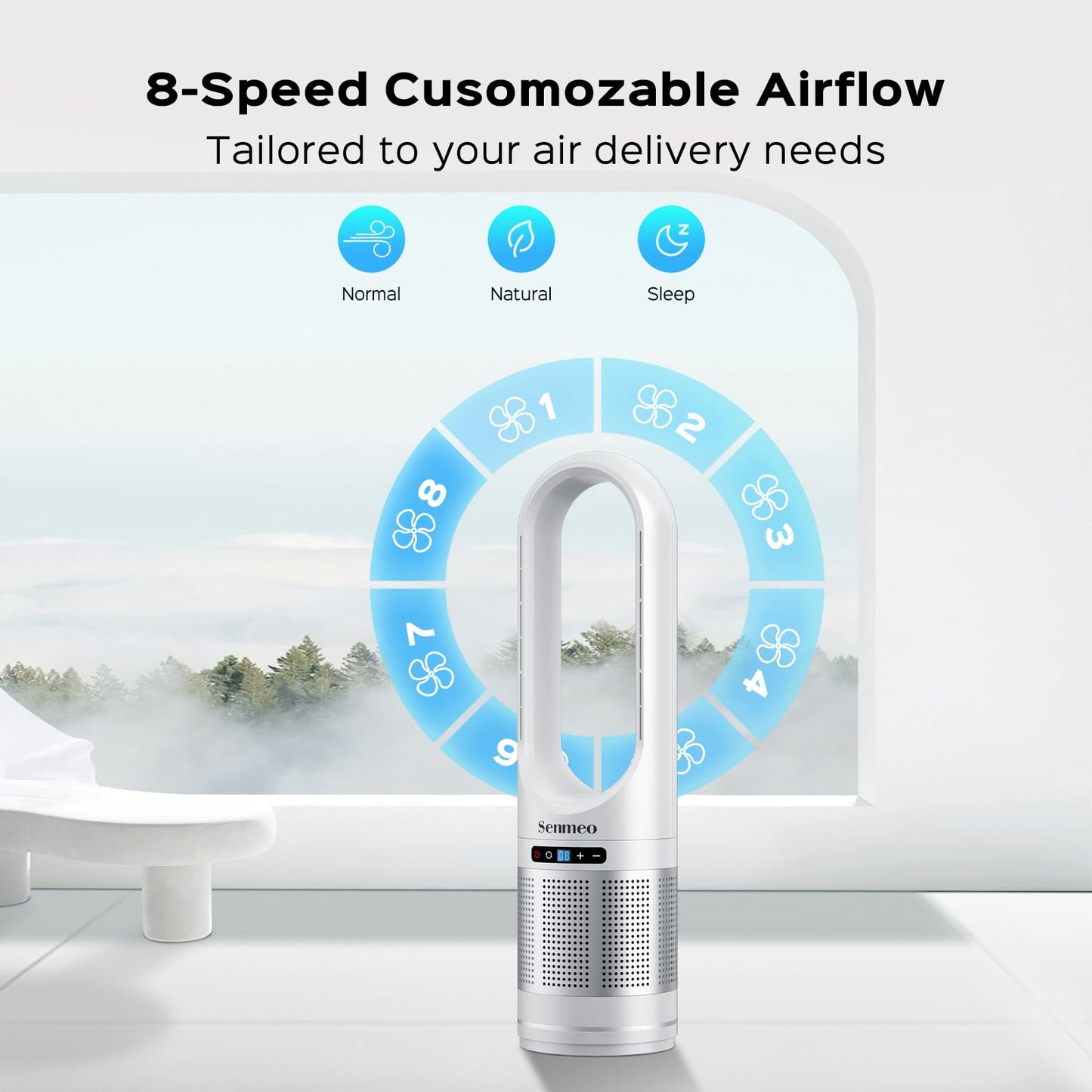 Bladeless Fan for Bedroom, 32" Quiet Tower Fan with Remote, 90ยฐ Oscillating Fan for Indoors with 8 Speeds, 9 Hour Timer, LED Display, Easy to Clean, Portable Standing Fan for Home, Office