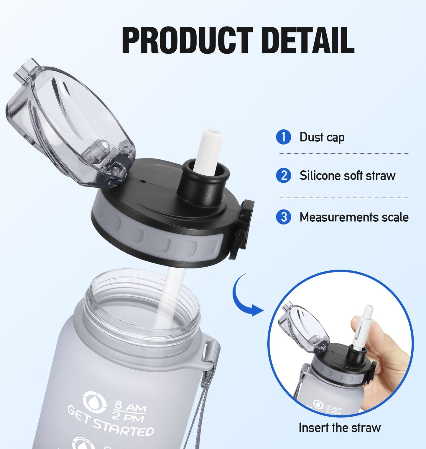 NOIFYS Motivational 32 oz/24 oz Water Bottle with Time Marker, Updated BPA Free Leak Proof Water Bottles,Options include a fruit strainer or both a strainer and straw, Perfect For Fitness Gym Outdoor