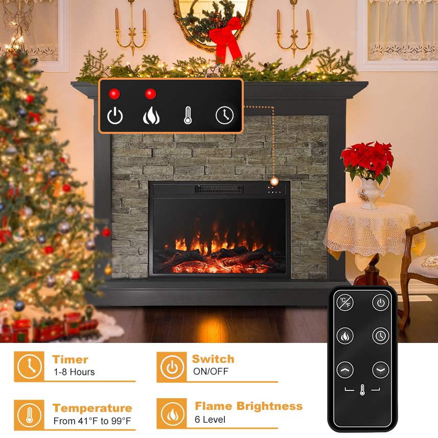 45 Inch Electric Fireplace with Mantel, Tall Fire Place Heater Freestanding with Remote Control Timer LED Flame for Living Room Bedroom, Brown