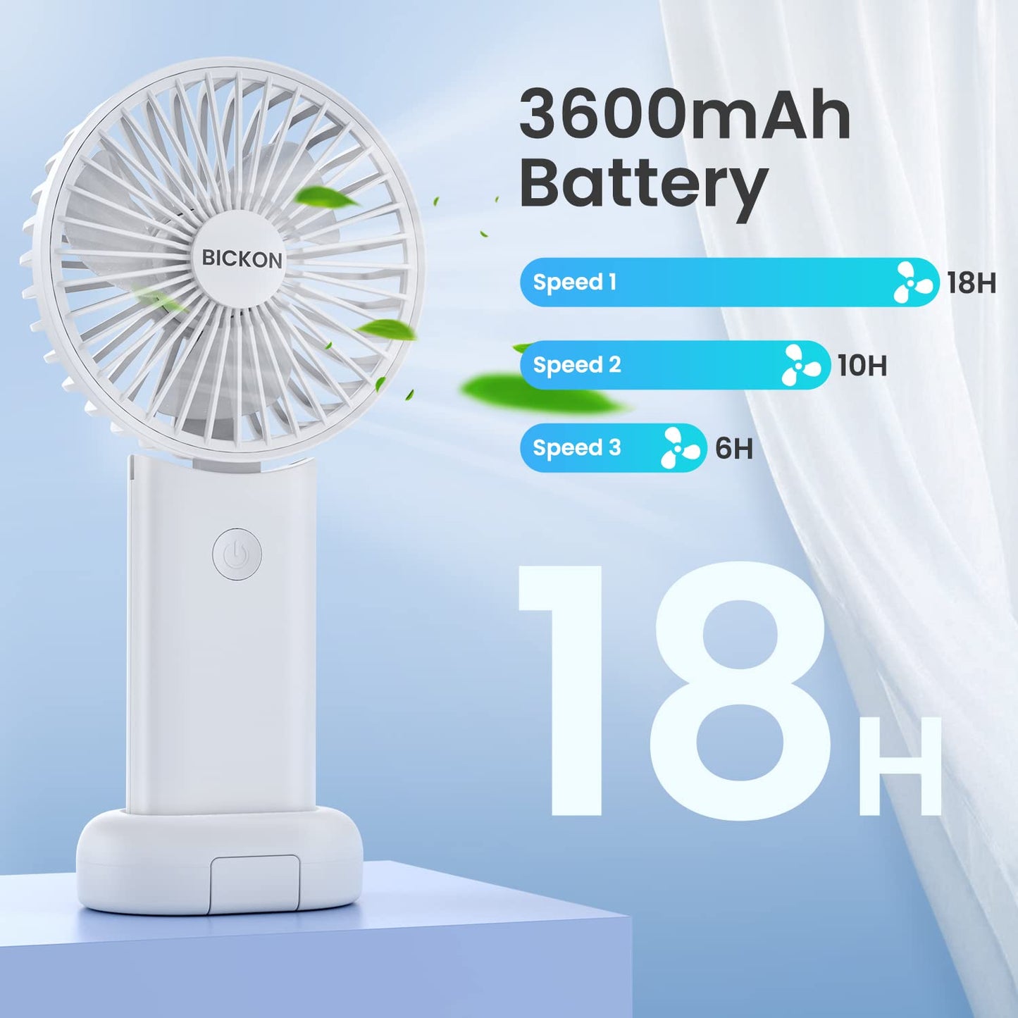 BICKON Handheld Fan, Portable Fan with USB Rechargeable Battery, 3 Adjustable Speed personal fan Desk Table fan with Base, Lightweight Makeup Fan for girls Women Kids, Travel, Outdoor Indoor Office