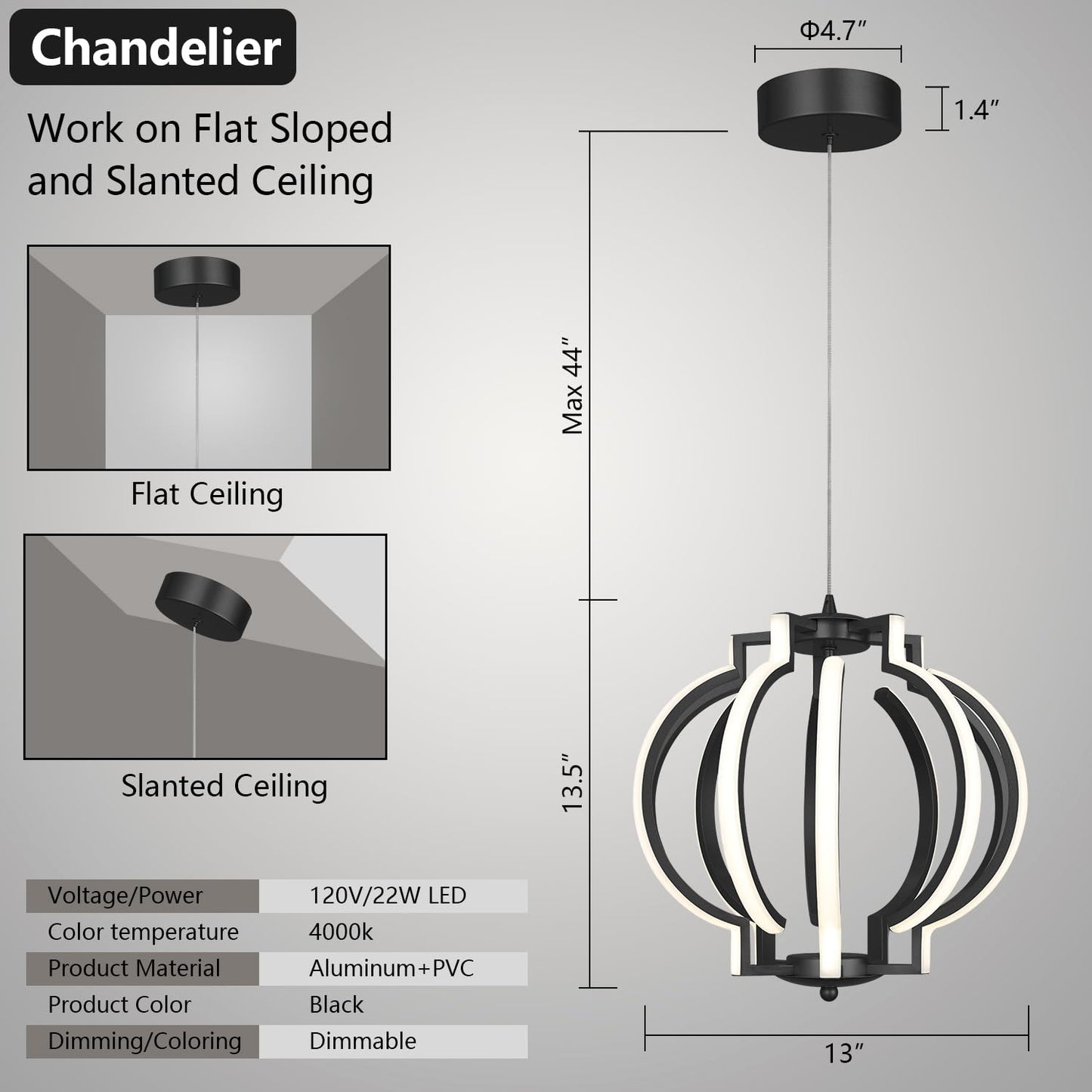 Bisect Black Modern Led Chandelier,Globe Dimmable Adjustable Round Hanging Lamp 4000K,Easy Install Suitable Pendant Light Fixturs for Dinning Room Bedroom Kitchen Island Corridor(10Light)