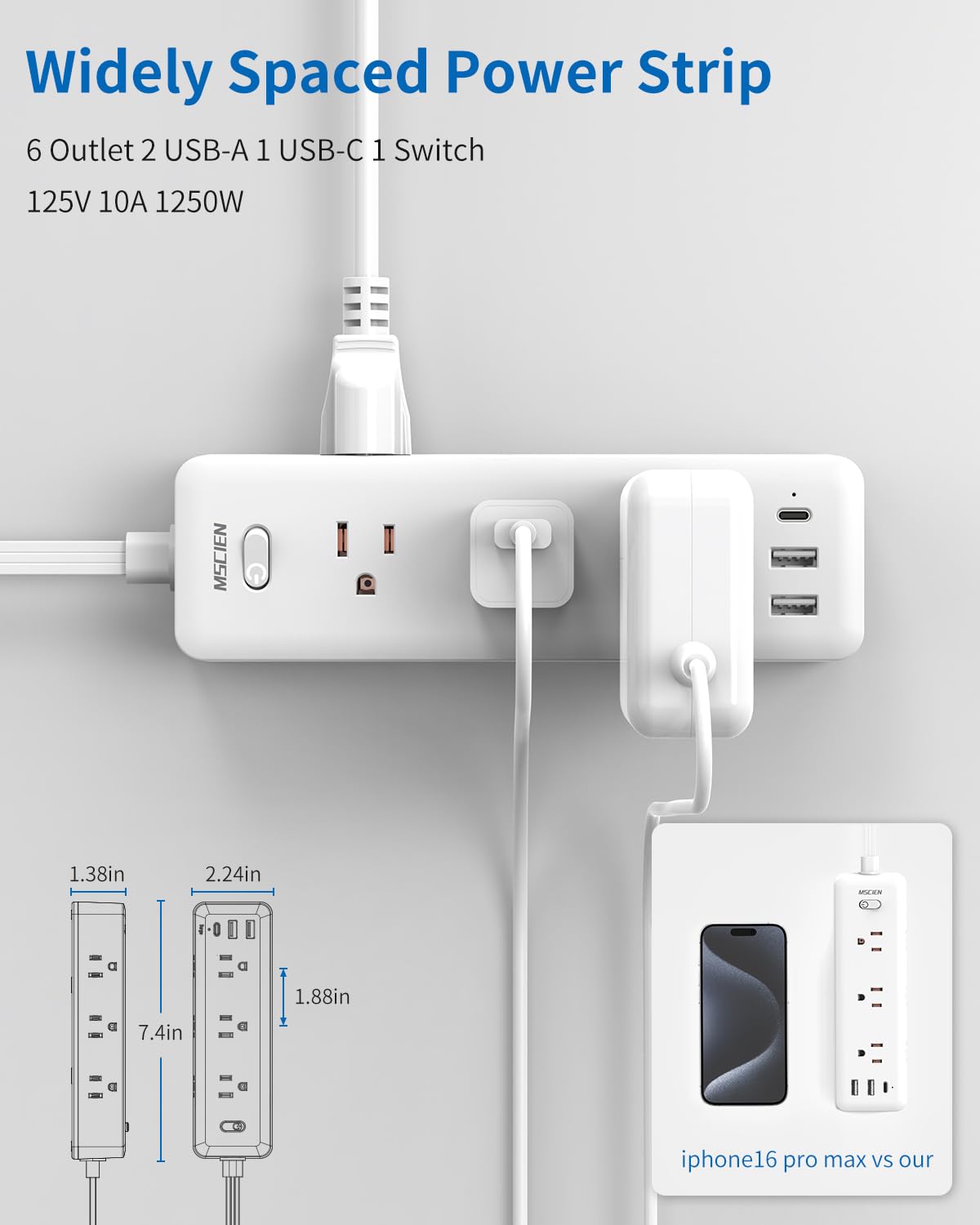 5 FT Extension Cord with 6 Outlets & USB