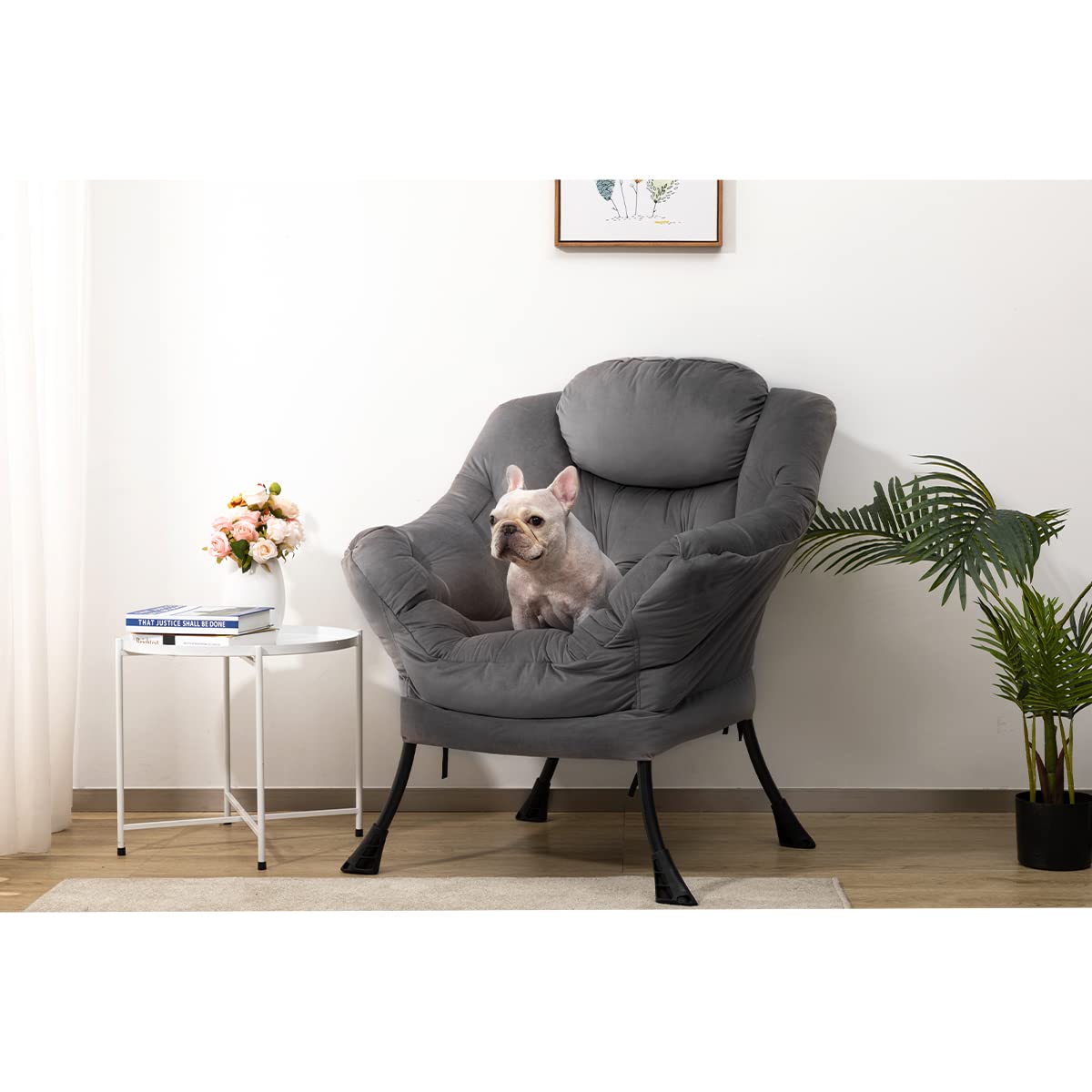 HollyHOME Modern Fabric Large Lazy Chair, Accent Oversized Comfy Reading Chair, Thick Padded Cozy Lounge Chair with Armrest, Steel Frame Leisure Sofa Chair for Living Room, Bedroom, Dorm, Smoky Grey