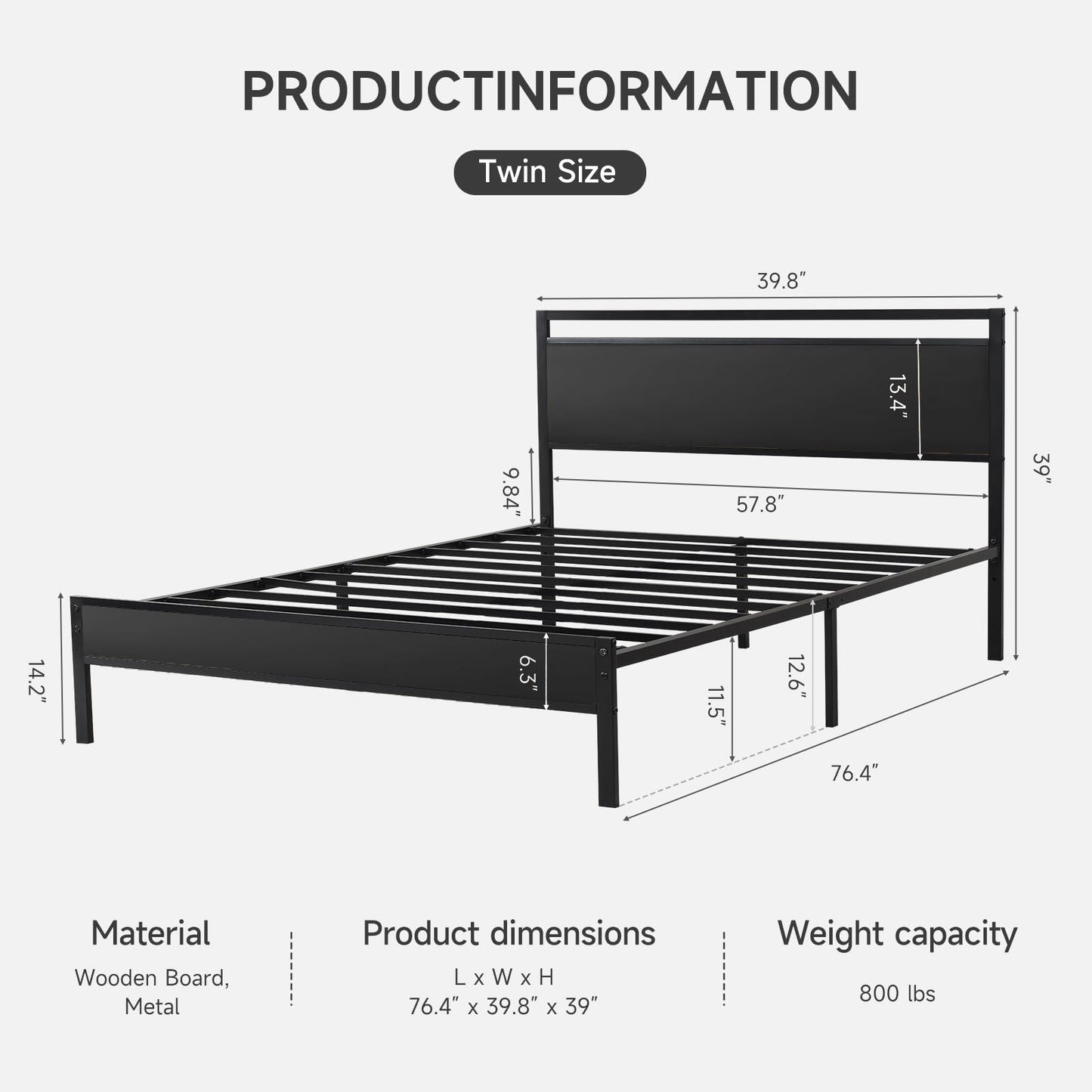 Twin Metal Bed Frame with Modern Wood Headboard
